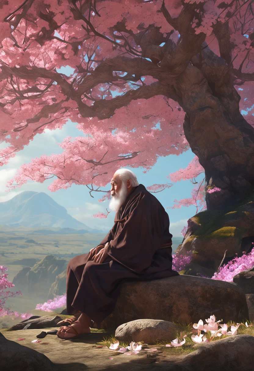 There is a man and a wise old monk sitting on the ground next to the cherry blossom., Ross Tran e Michael Whelan, Edgar Maxence e Ross Tran, wlop e ross tran, Ross Tran e Bayard Wu, James Gurney e Andreas Rocha, rob rey and kentarõ miura, Art not Guweiz style, arte do jogo de RPG