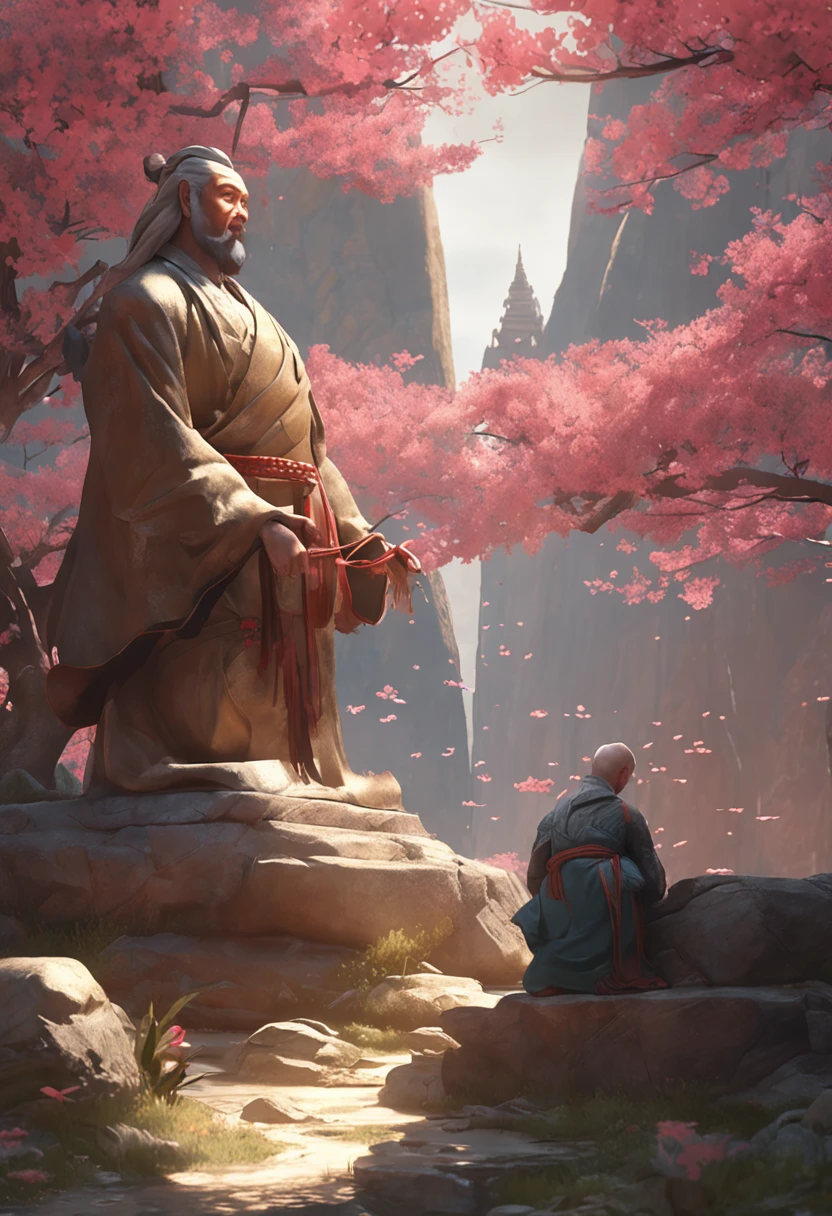 There is a man and a wise old monk sitting on the ground next to the cherry blossom., Ross Tran e Michael Whelan, Edgar Maxence e Ross Tran, wlop e ross tran, Ross Tran e Bayard Wu, James Gurney e Andreas Rocha, rob rey and kentarõ miura, Art not Guweiz style, arte do jogo de RPG