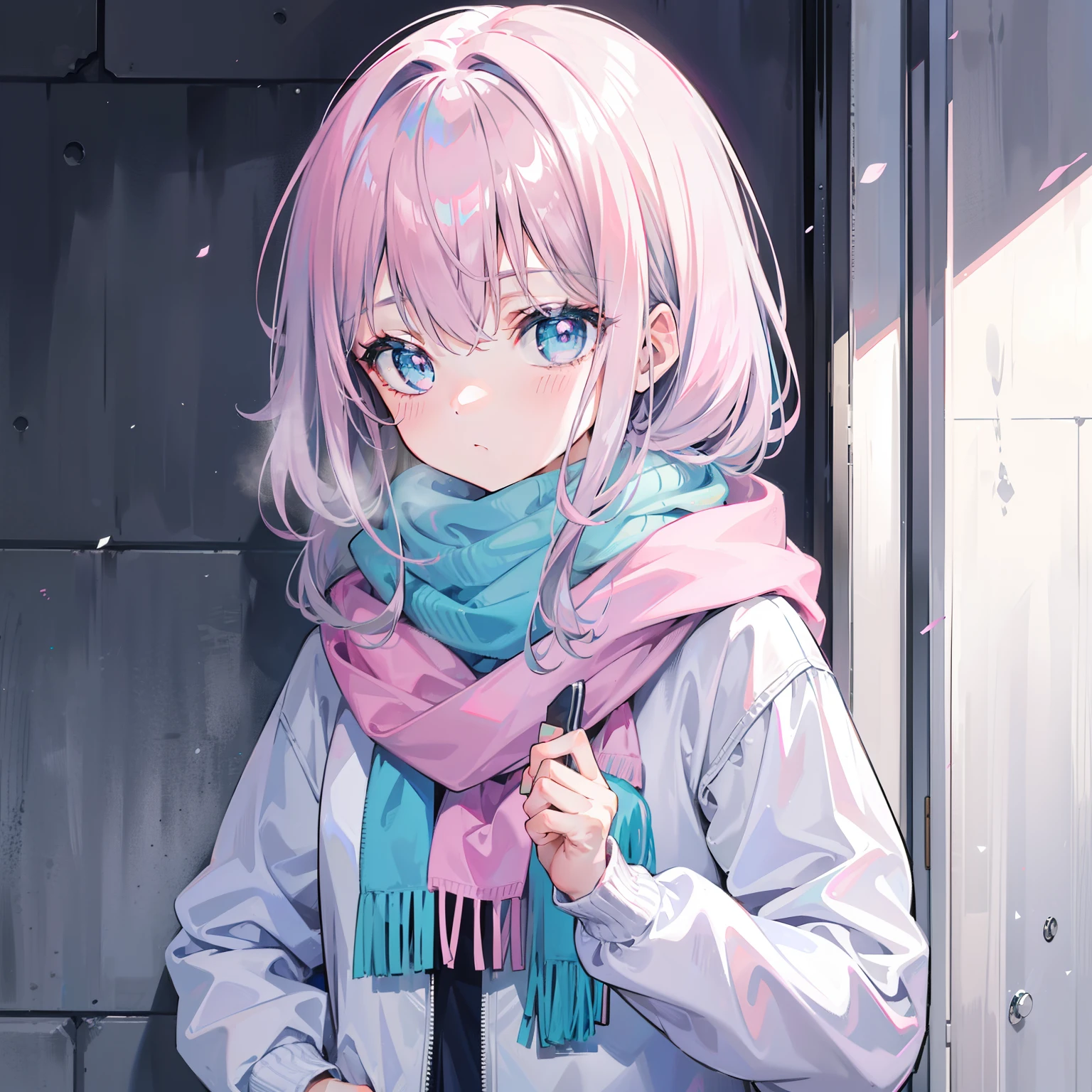 Anime girl with pink hair and blue eyes standing in front of a door ...