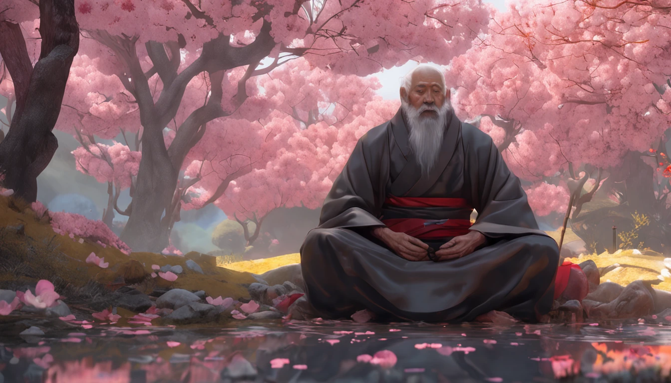 There is a man and a wise old monk sitting on the ground next to the cherry blossom., Ross Tran e Michael Whelan, Edgar Maxence e Ross Tran, wlop e ross tran, Ross Tran e Bayard Wu, James Gurney e Andreas Rocha, rob rey and kentarõ miura, Art not Guweiz style, arte do jogo de RPG