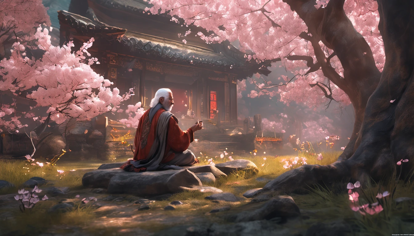 There is a man and a wise old monk sitting on the ground next to the cherry blossom., Ross Tran e Michael Whelan, Edgar Maxence e Ross Tran, wlop e ross tran, Ross Tran e Bayard Wu, James Gurney e Andreas Rocha, rob rey and kentarõ miura, Art not Guweiz style, arte do jogo de RPG