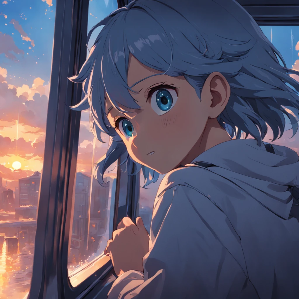 tmasterpiece,best qualtiy,cinematic Film still from,The boy poked his head out of the train window,tw,clouds,Floating in the sky,Close-up view,brightly,cheerfulness,Warm and soft lighting,the sunset,(spark of light:0.7
