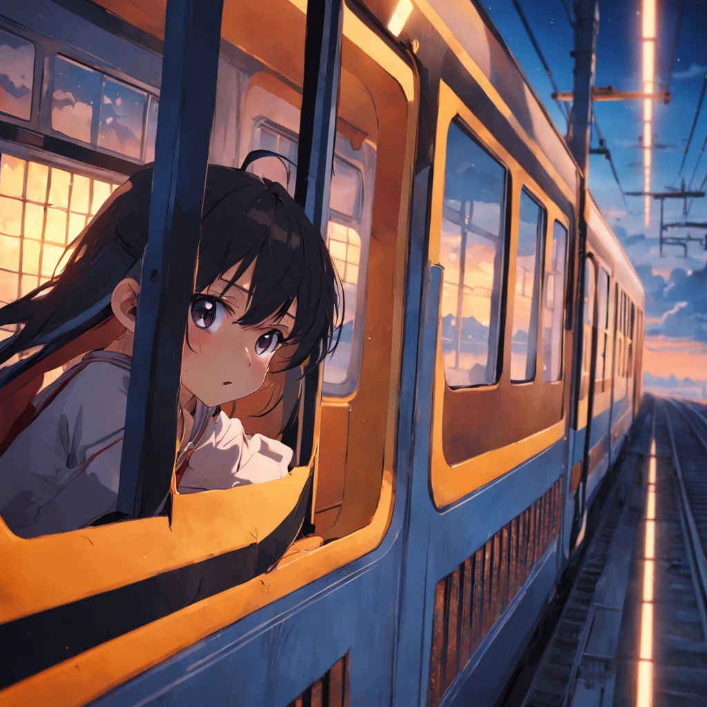 tmasterpiece,best qualtiy,cinematic Film still from,The boy poked his head out of the train window,tw,clouds,Floating in the sky,Close-up view,brightly,cheerfulness,Warm and soft lighting,the sunset,(spark of light:0.7
