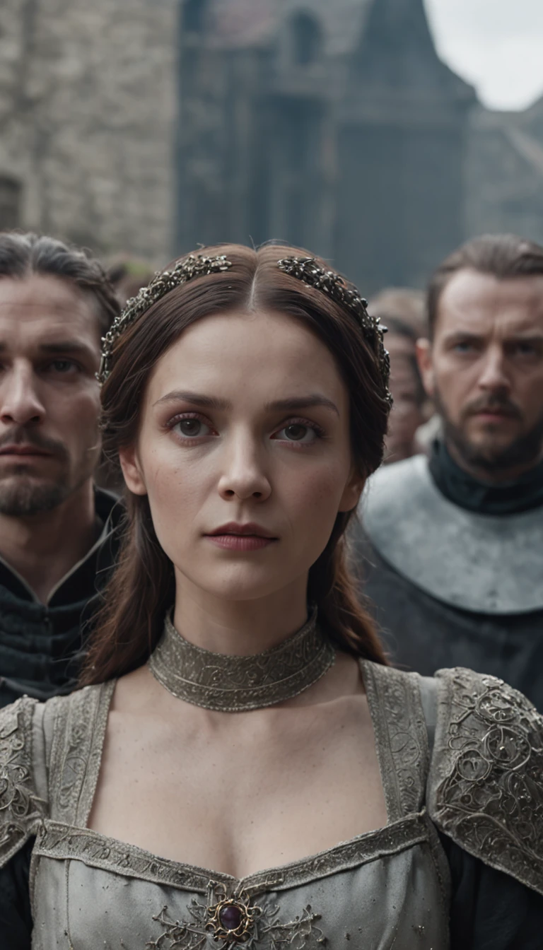 a woman in a medieval dress standing in front of a crowd of people, afterlife, after life, anti life, style of arcane tv series, after all, after a battle, style arcane tv series, altered carbon style, aftermath, after effects, live action movie, alfredo and the afterlife, life after the plague, series on netflix, live action film
