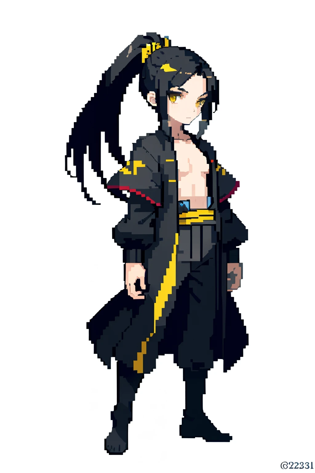 (masterpiece, top quality, best quality), pixel, pixel art,1boy,rs old full body, Samurai outfits , pale skin young boy, yellow eyes , black hair, mid size ponytail, calm face, male