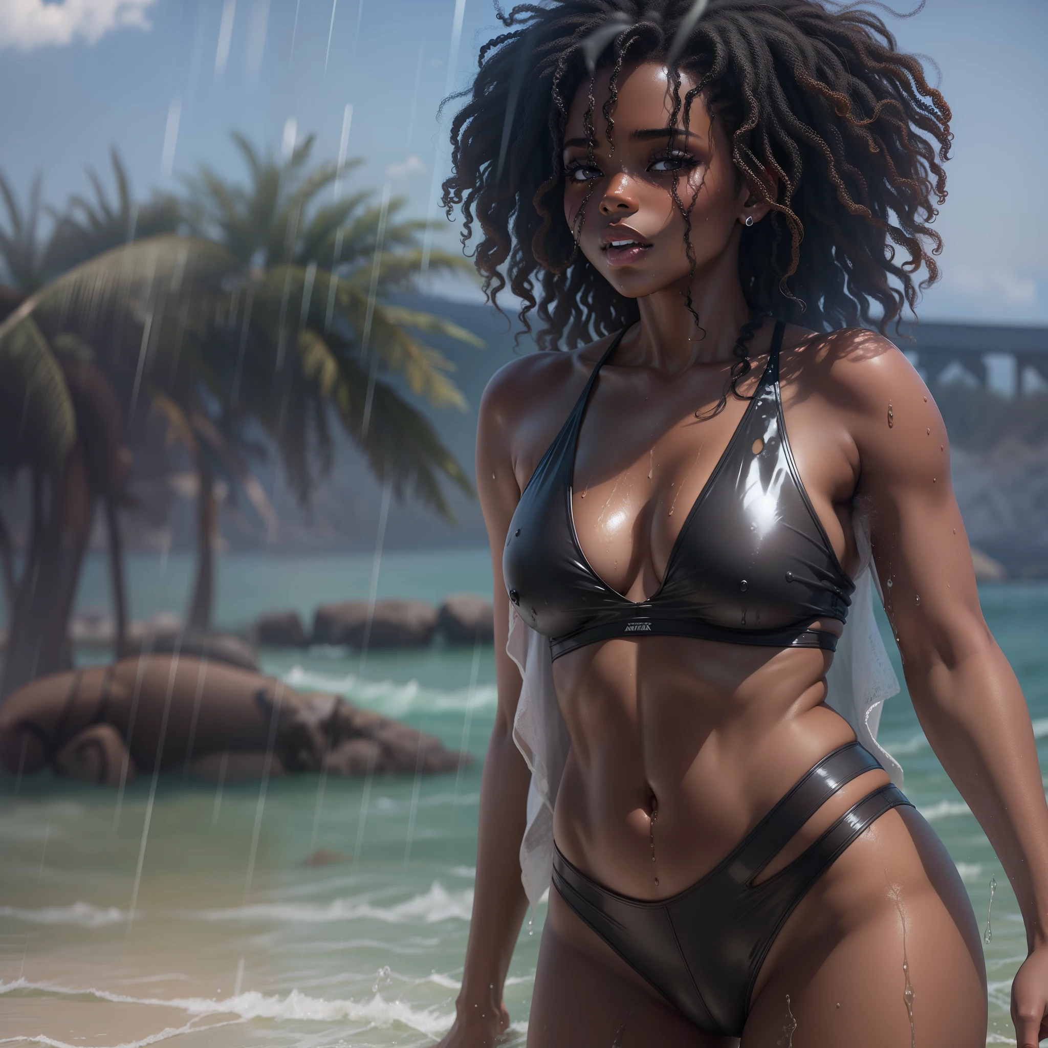 A black woman in transparent wet bikini, com a bunda de fora, cabelos cacheados negros, Lee e