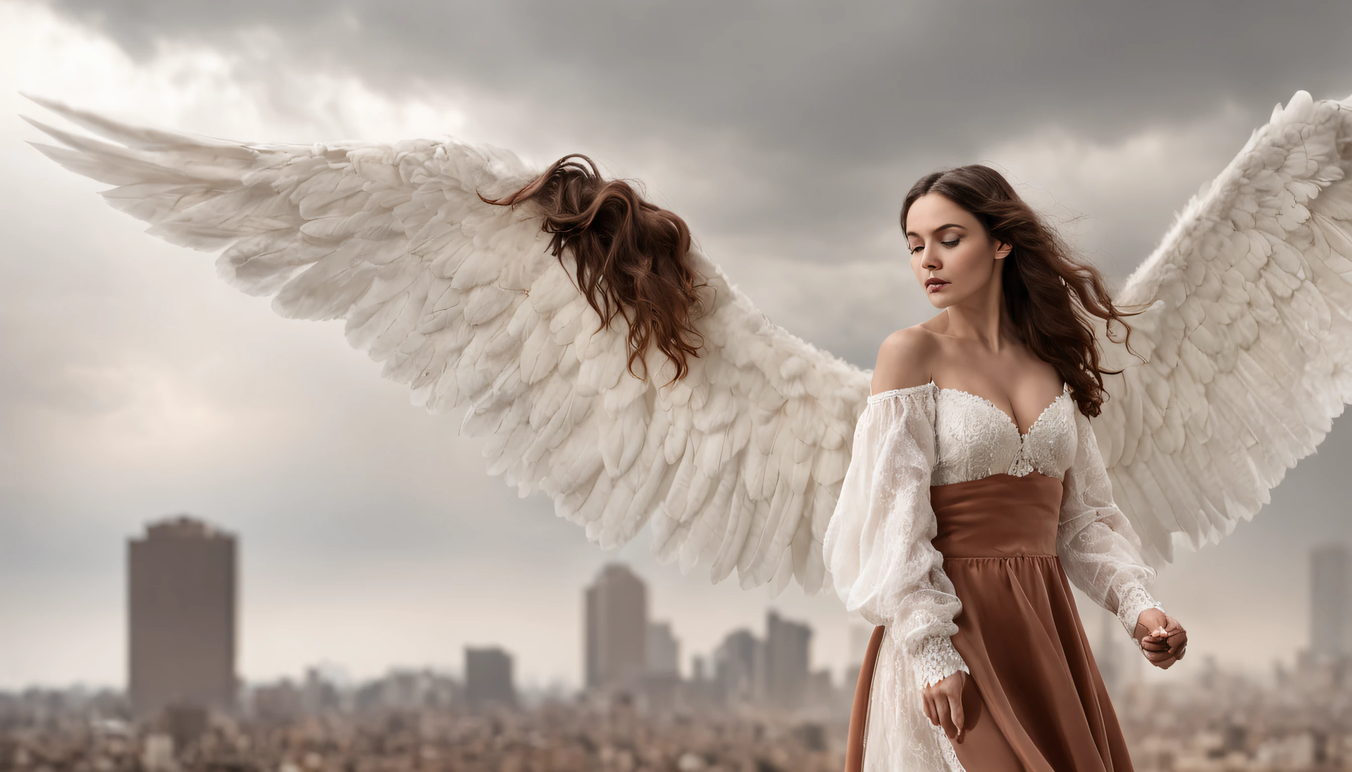La mejor calidad, Obra maestra, ultrahigh resolution, (realistic photograph:1.4), surrealismo, dream-like,FusionArt, angel caido malvado femenino con alas enormes de fuego tirado en el suelo, en una ciudad apocaliptica en llamas, mirando a la camara, Magia de sombras, Control de la oscuridad, sigilo, Shadowstep, Hechizos de umbral, Cuchilla oculta,