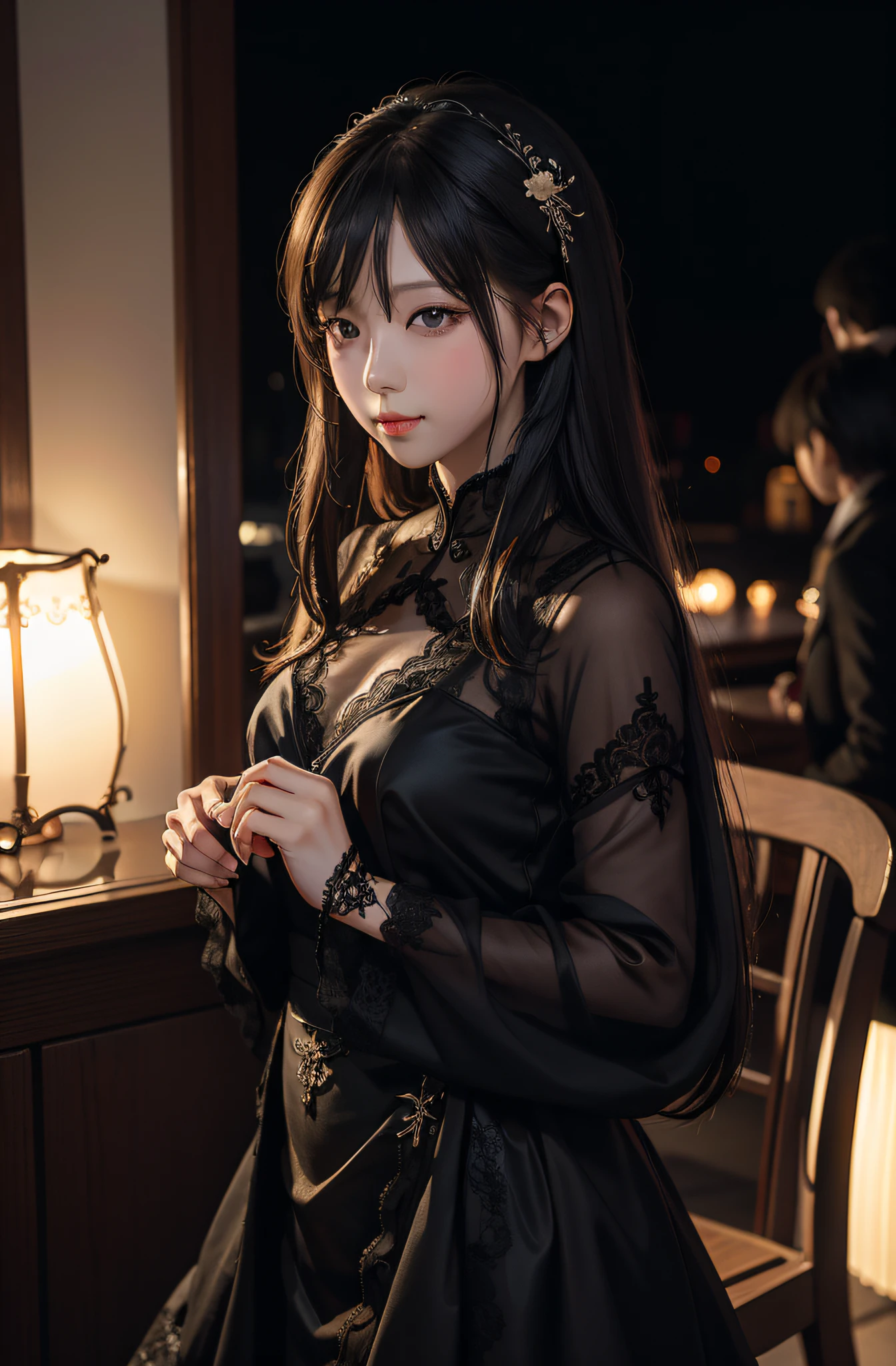 best qualtiy，tmasterpiece，超高分辨率，（真实感：1.4），RAW photogr，1girl，in the darkness nigth，deep shading，low tune，cold light，Charming eyes，Black lace outfit