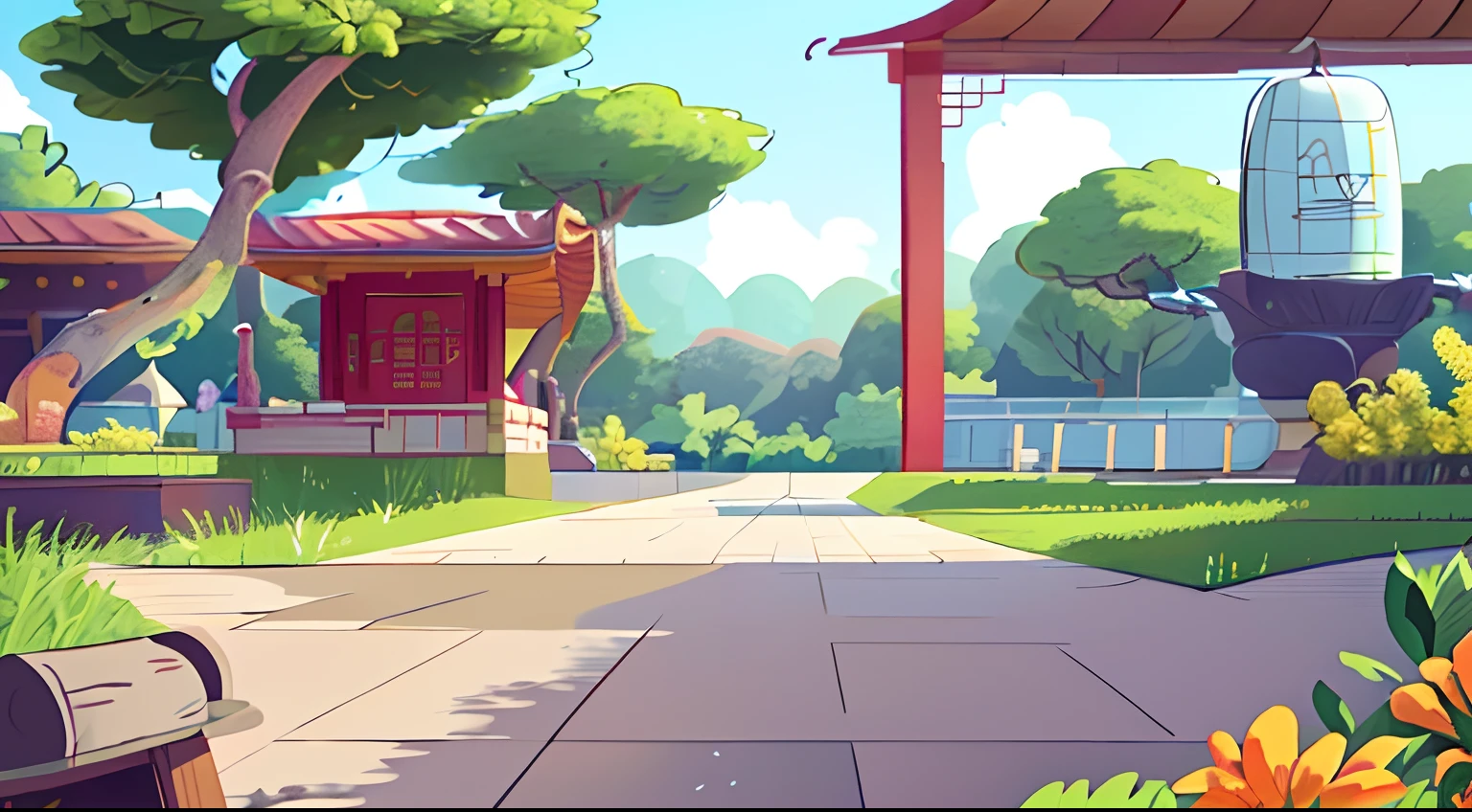 Perfect quality,China-style,Clear focus,Low saturation,freshen,ultra-low perspective,wide wide shot,Chinese park benches, arte de fundo, town center background, random background scene, Simple lines of art, clean lineart, Street background, perfect lineart, linear art, stylized linework, fundo de casa, volley court background, bold lineart