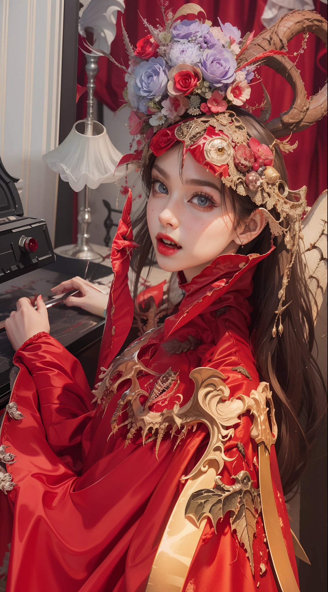 Fine matte paint,Skeleton Dark Angel, Haunted castle with large wings, Fill the drawing table with a knife,terroral,uncanny,horrid,secret terror,tentaculata,grape trees,The eye,uncanny valley effect teeth,all fours,Critters,Blood Moon,Sharp fangs,vampire tooth,Blood