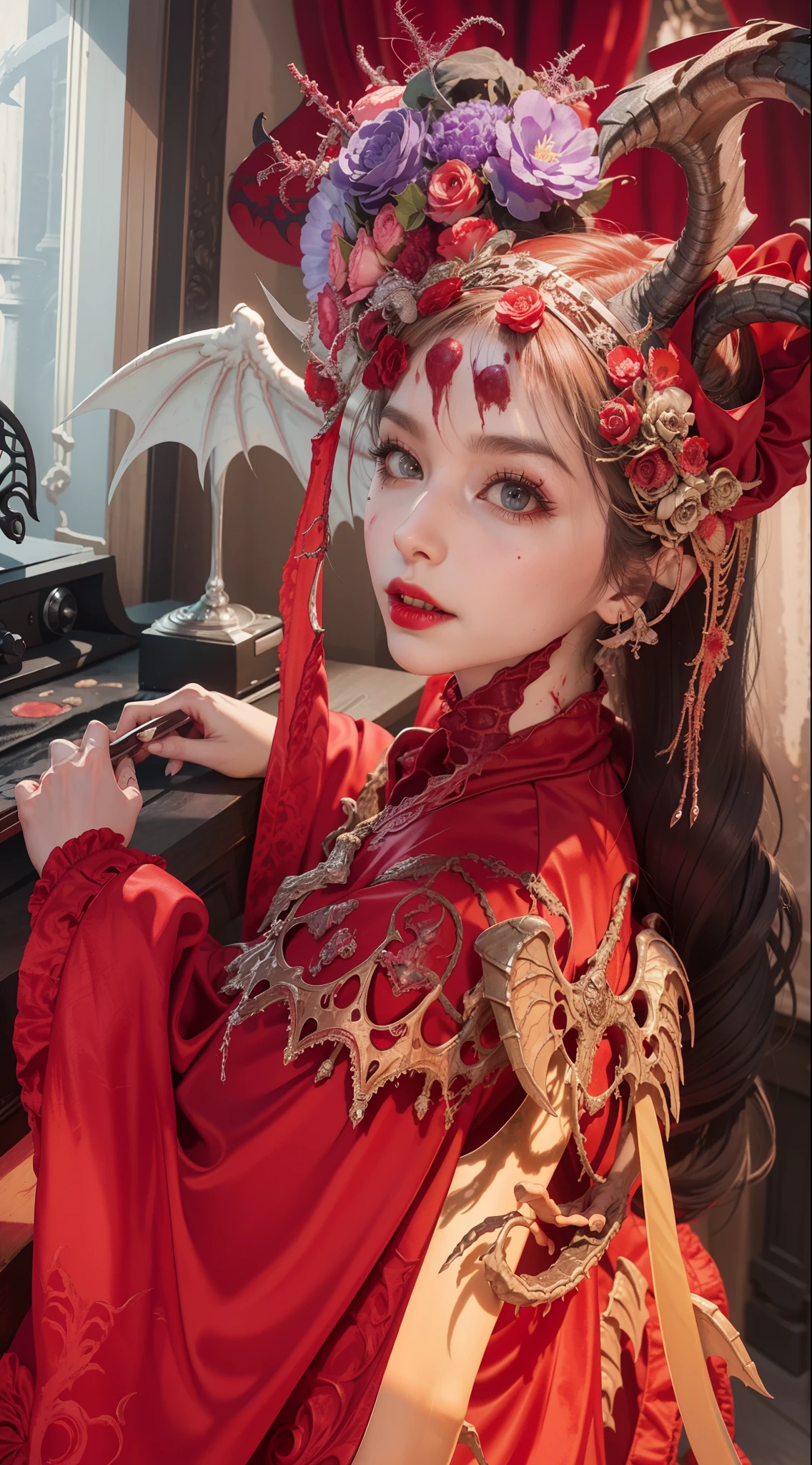 Fine matte paint，Skeleton Dark Angel, Haunted castle with large wings, Fill the drawing table with a knife，terroral，uncanny，horrid，secret terror，tentaculata，grape trees，The eye，uncanny valley effect teeth，all  fours，Critters，Blood Moon，Sharp fangs，vampire tooth，Blood