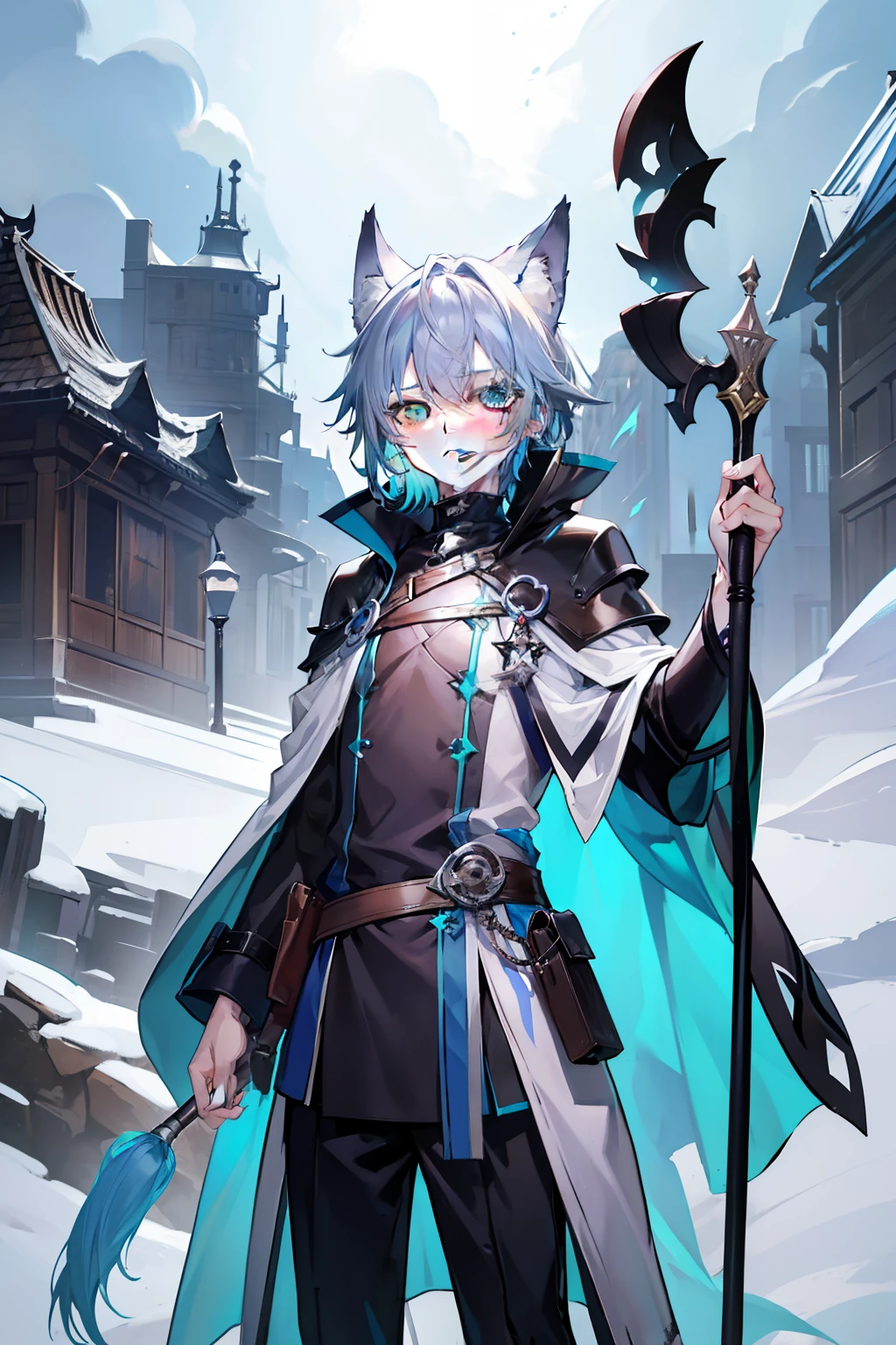 in character sheet portrait style, dungeons and dragons character, arknights style, (masterpiece), best quality, expressive eyes, perfect face, 1boy, solo, (light shade hair, fox tail, blue grey hair, fox boy, fox guy, kemonomimi, young male, young boy, fox ears, light blue grey hair, lavender mist color hair and tail, pale blue hair, bluish cyan hair), azure eyes with yellow under shade, yellow eye highlights, azure eyes, (leather robe, brown cape, dark hood), (***, ***********, scared, trauma, afraid, young man), (minimal accessories, satchel, sling bag), staff, spellcasting staff, short young boy, young boy, traumatized, scared and hiding, hiding, poor, ragged clothes, scratched clothing, scared, poor clothing, not rich, basic clothing, short bangs, big eyes, dark brown robe, brown pants, rope tied, fox tail, scared, young face, eyebags, black pants