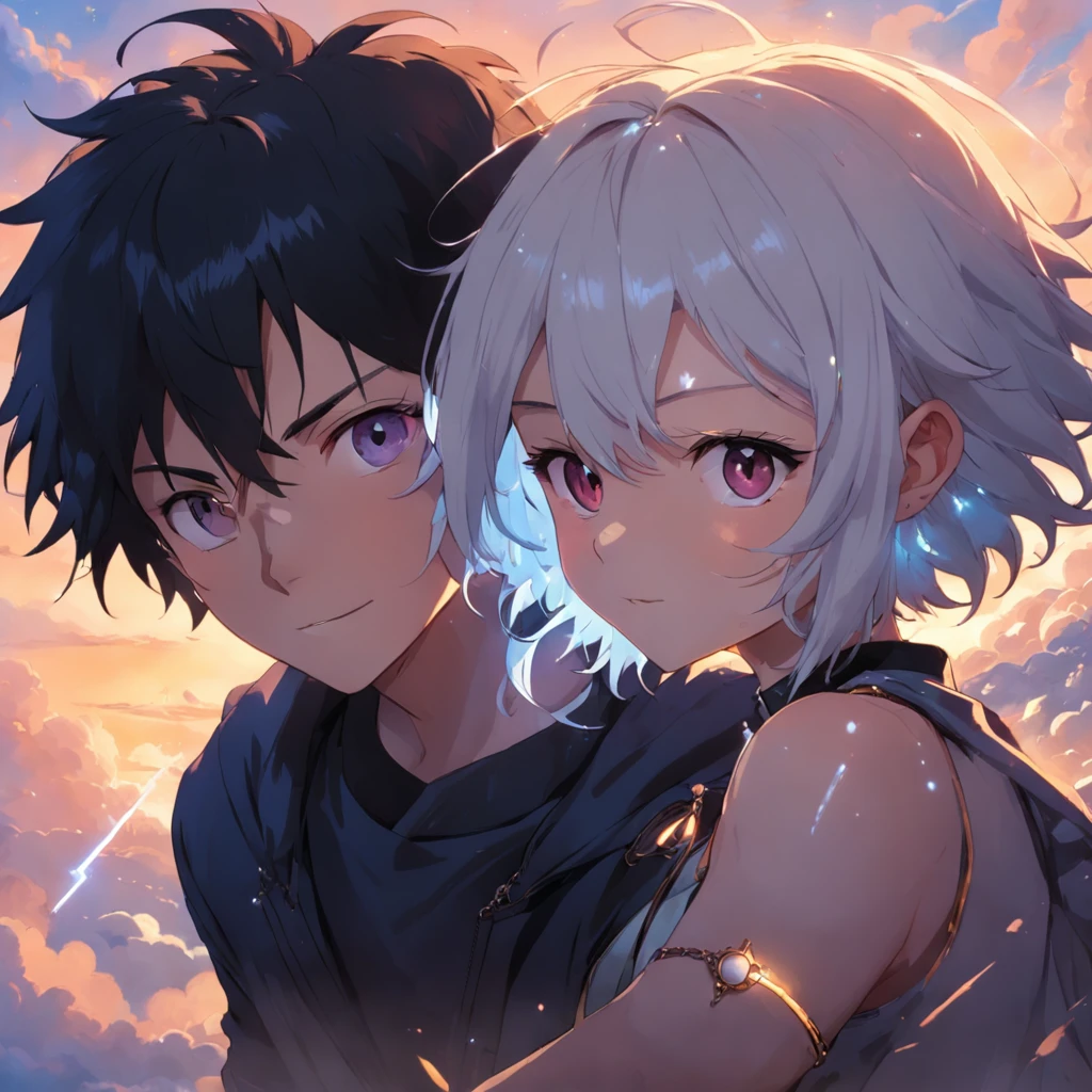 masterpiece, best quality, movie still, 1boy and 1 girl, cloud boy, floating in the sky, close-up, bright, happy, warm soft lighting, sunset, (sparks:0.7),He has pale skin and short, white hair with an undercut on the lower third of the back of his head, but his bangs hang down his face to partially cover his missing eye and white medical eye patch. It is implied that his hair has been dyed white due to the presence of black growth on his lower section. he is noted by others to be as handsome as a model. Regardless of his outfit, he wears a tag on a chain suggesting personal devotion. he wears a white medical eye patch over He s right eye. he has two thin, purple rings on his index finger and ring finger, respectively. Both ears are perforated and two on a short chain. he wears earrings that look like small rings from which an isosceles triangle dangles.