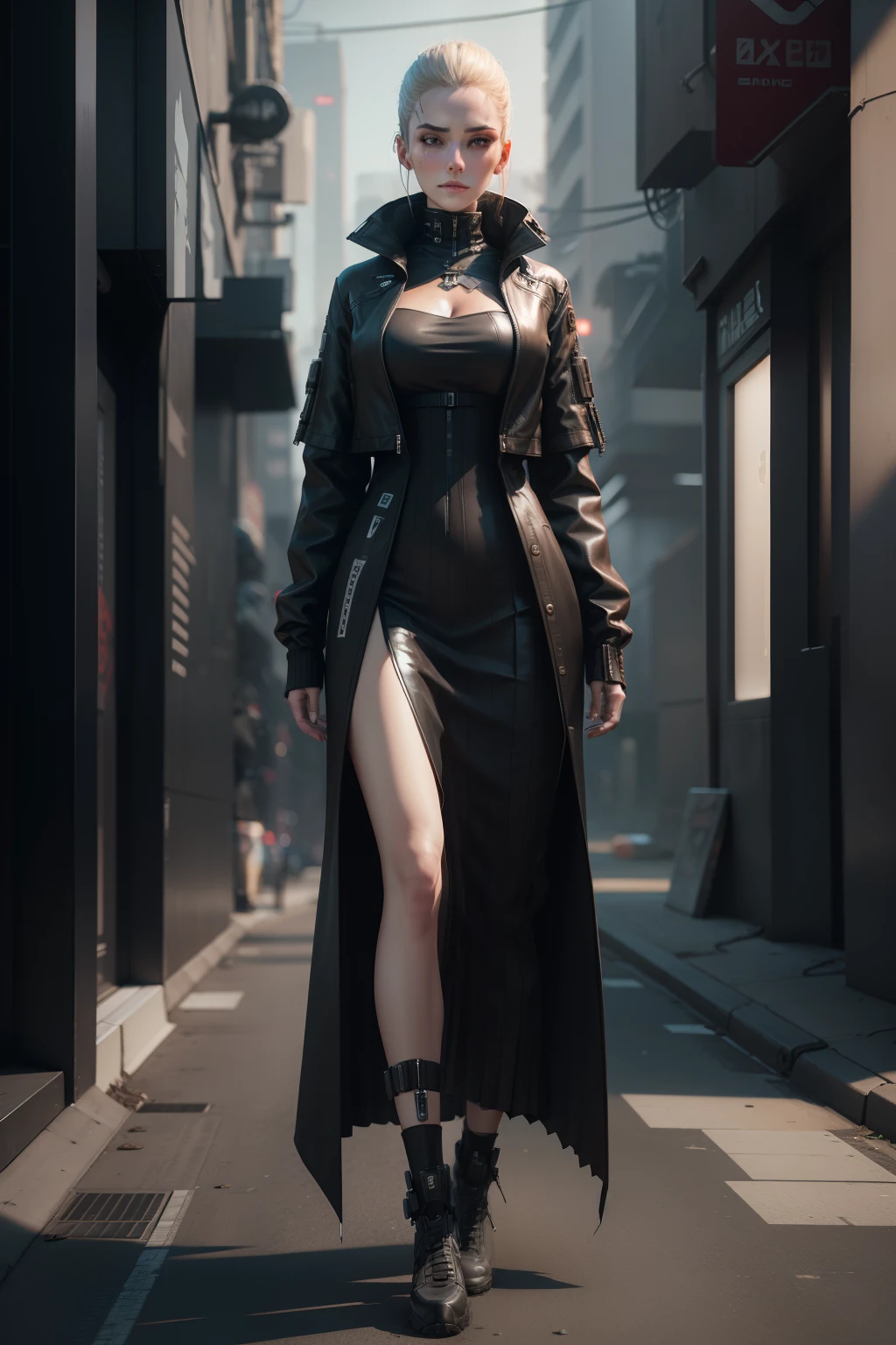 Wear a long white pleated dress，The skirt is long to the ankle，Woman in black mech jacket coat, realistically rendered clothing, dystopian scifi outfit, realistic dress, Highly detailed clothing, marvelous designer 3d rendered, multilayered outfit, feminine outfit, futuristic outfit, cyberpunk style outfit, cinematic outfit photo, 3 D rendering character art 8 K, Detailed clothes, marvelous designer substance, muted cyberpunk style, marvelous designer