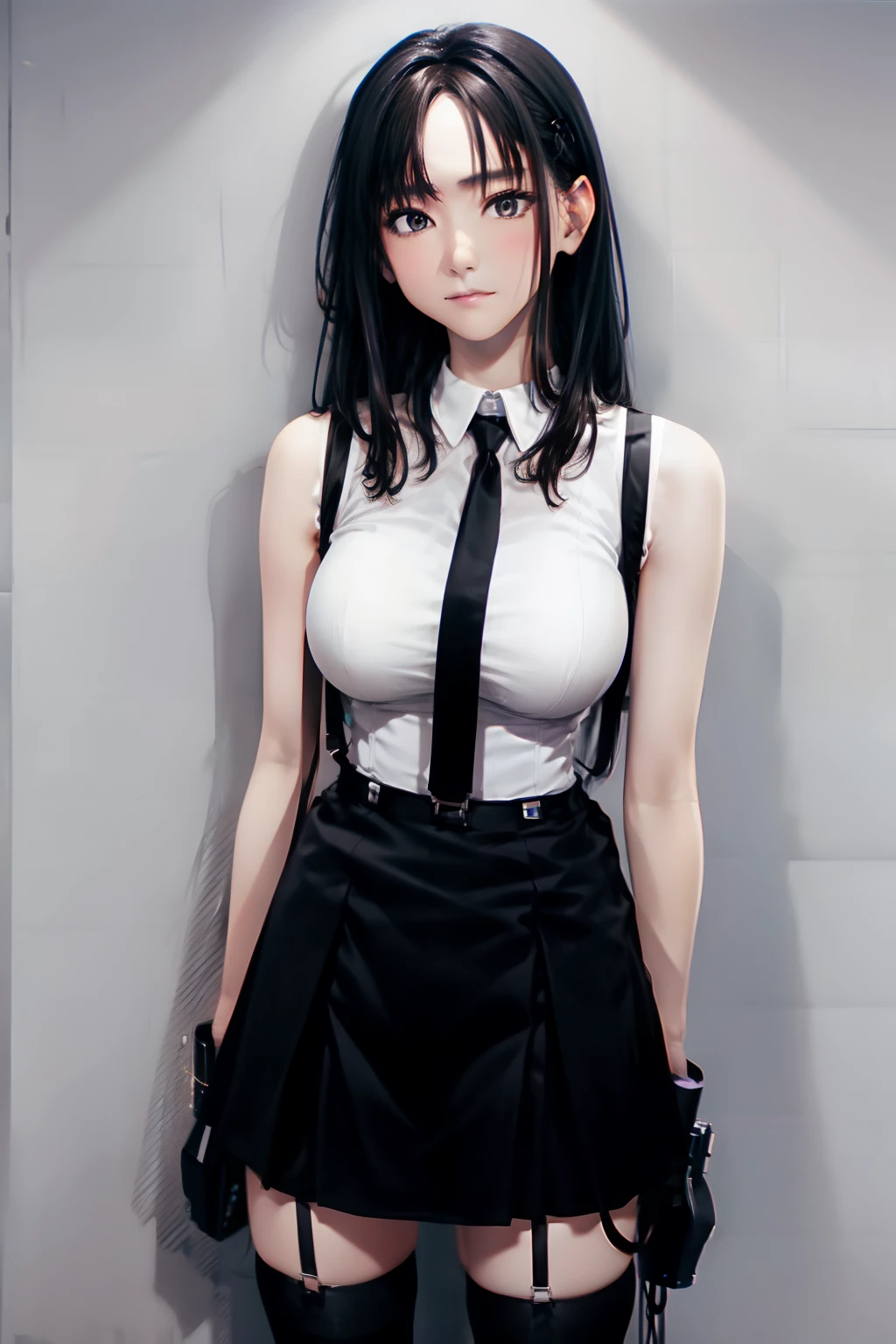 a black skirt, neck tie, Tank tops　suspenders, Long Black Hair, Gray eyes, holster, Garter belt on the legs, , Big breasts, Pichi Pichi clothes, both sides　deadpan　Behind
