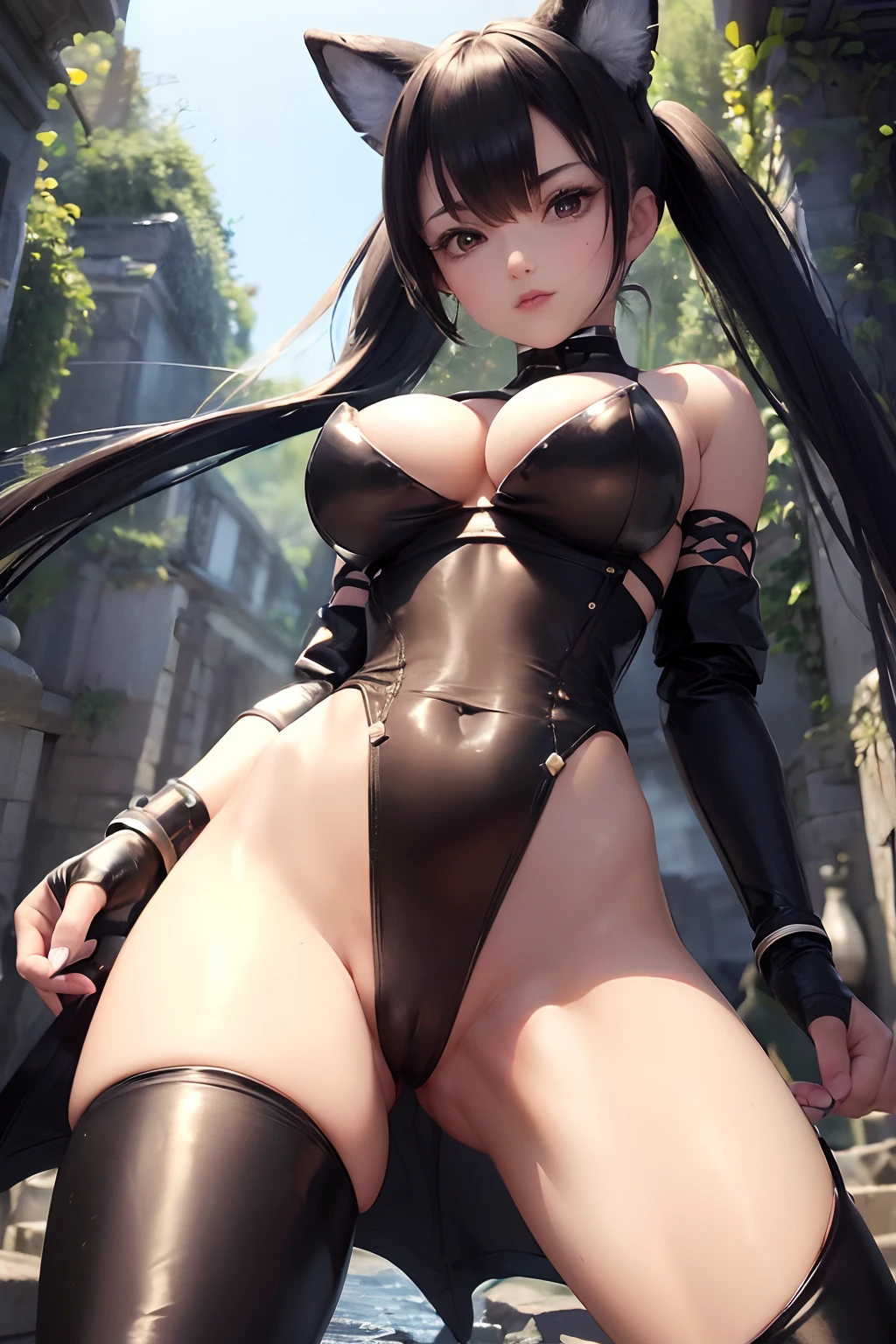 ((Best Quality, 8K, Masterpiece: 1.3)), 1 girl , ("ninja, armor glove ,bare shoulders, detached sleeves":1.3 ),("armor leggins , transparent pussy":1.3), large breasts , cleavage ,thigh , "elaborate detail, costume" ,dynamic pose, katana, wind ,battle field