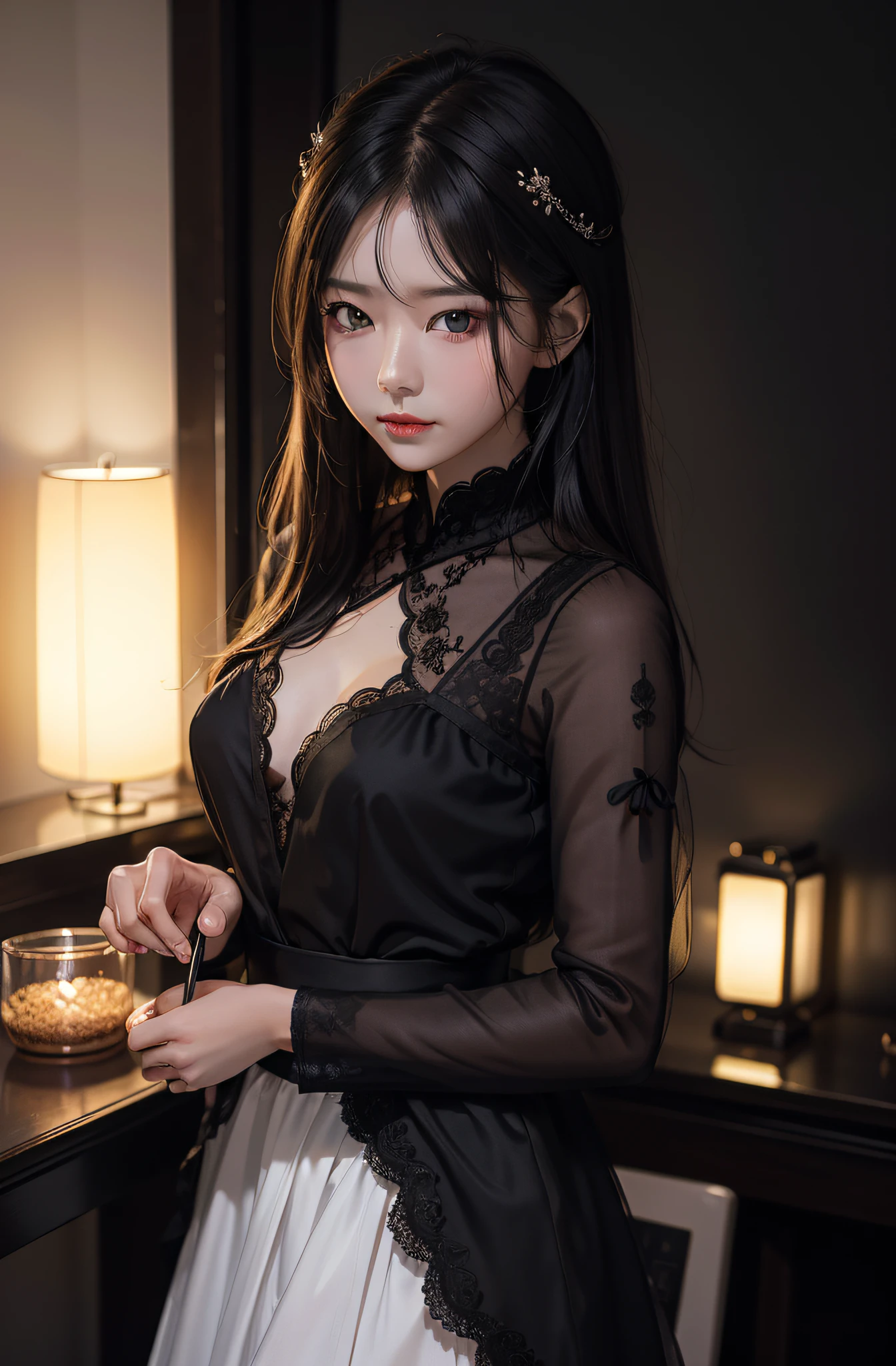best qualtiy,tmasterpiece,超高分辨率,(真实感:1.4),RAW photogr,1girl,in the darkness nigth,deep shading,low tune,cold light,Charming eyes,Black lace outfit