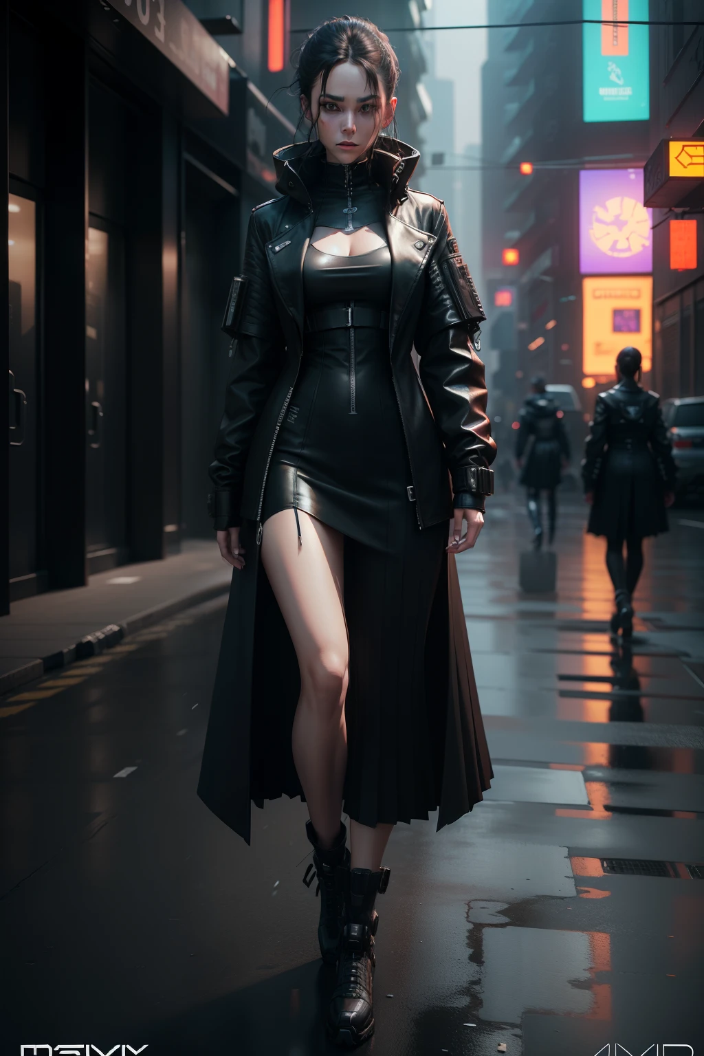 3 wear white pleated long skirts，The skirt is long to the ankle，Woman in black mech jacket coat, realistically rendered clothing, dystopian scifi outfit, realistic dress, Highly detailed clothing, marvelous designer 3d rendered, multilayered outfit, feminine outfit, futuristic outfit, cyberpunk style outfit, cinematic outfit photo, 3 D rendering character art 8 K, Detailed clothes, marvelous designer substance, muted cyberpunk style, marvelous designer