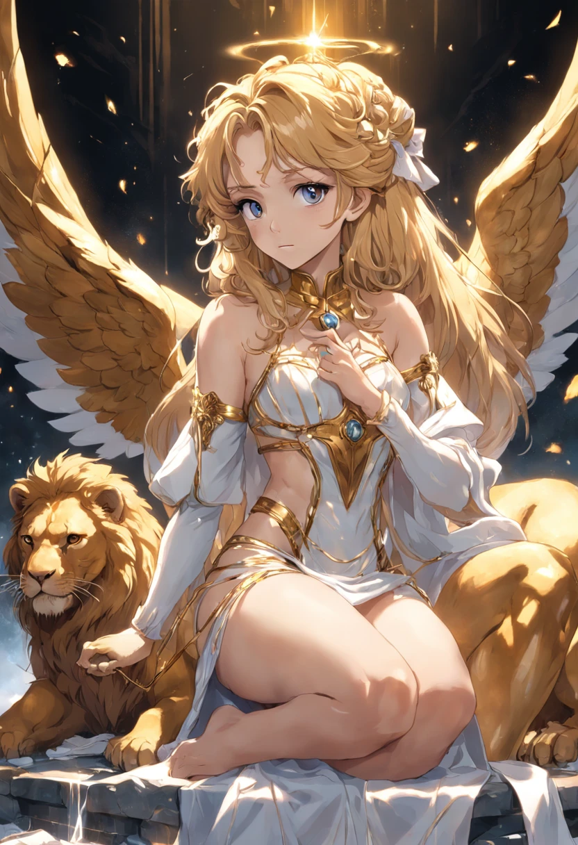 Holy maiden，The whole body is surrounded by white ribbons，Holding a golden scepter in his hand, He sits on a lion made of crystal，Flexible body，Pleasant appearance，Super clear，4K，The picture quality of the movie，Easy composition，The texture of the arrival of angels