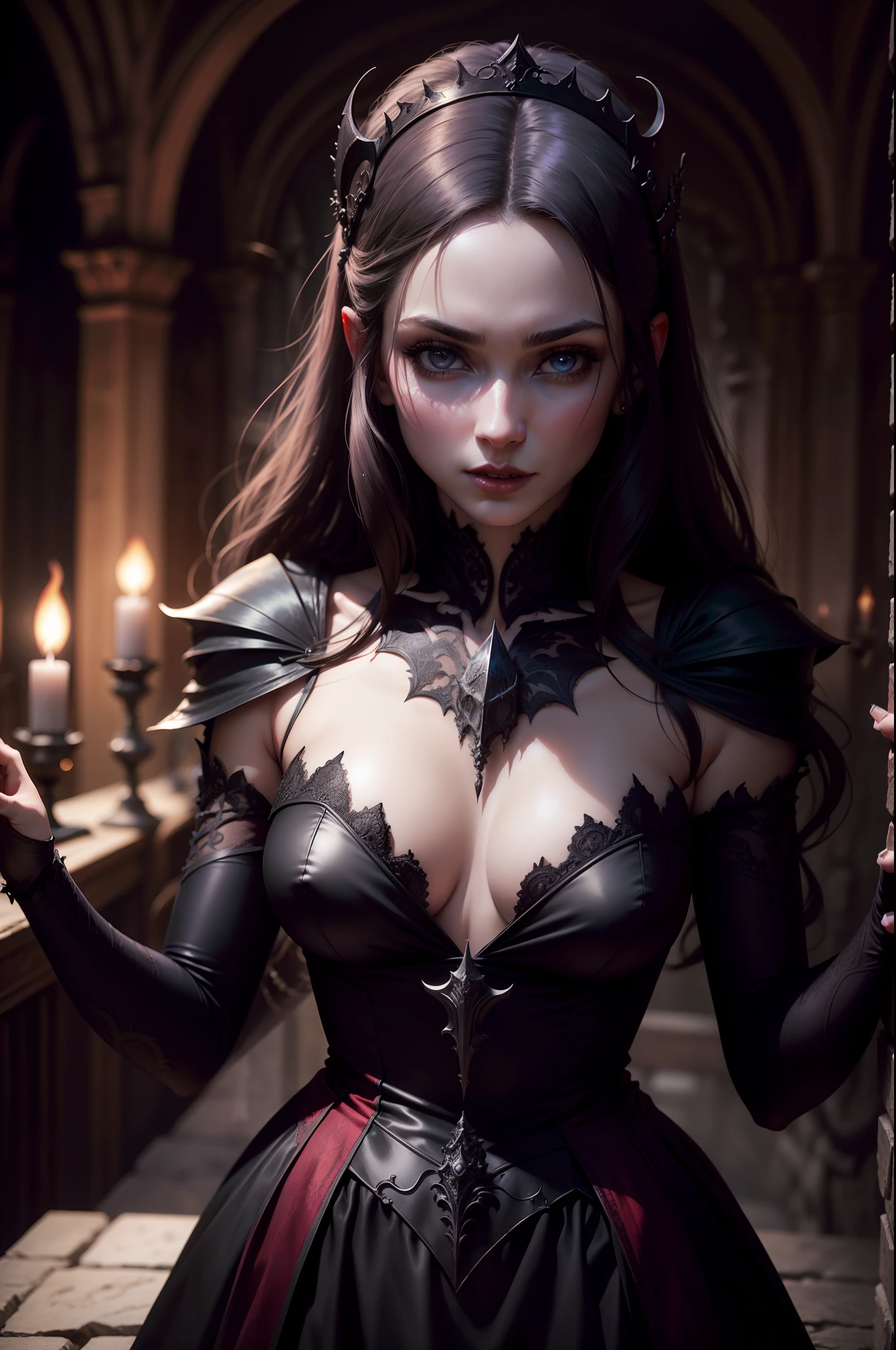 Vampire Queen, in a castle, backlit, intricate details, highly detailed, slate atmosphere, cinematic, dimmed colors, lut, spooky, depth blur, blurry background dof, bokeh, realistic, realistic skin, ,