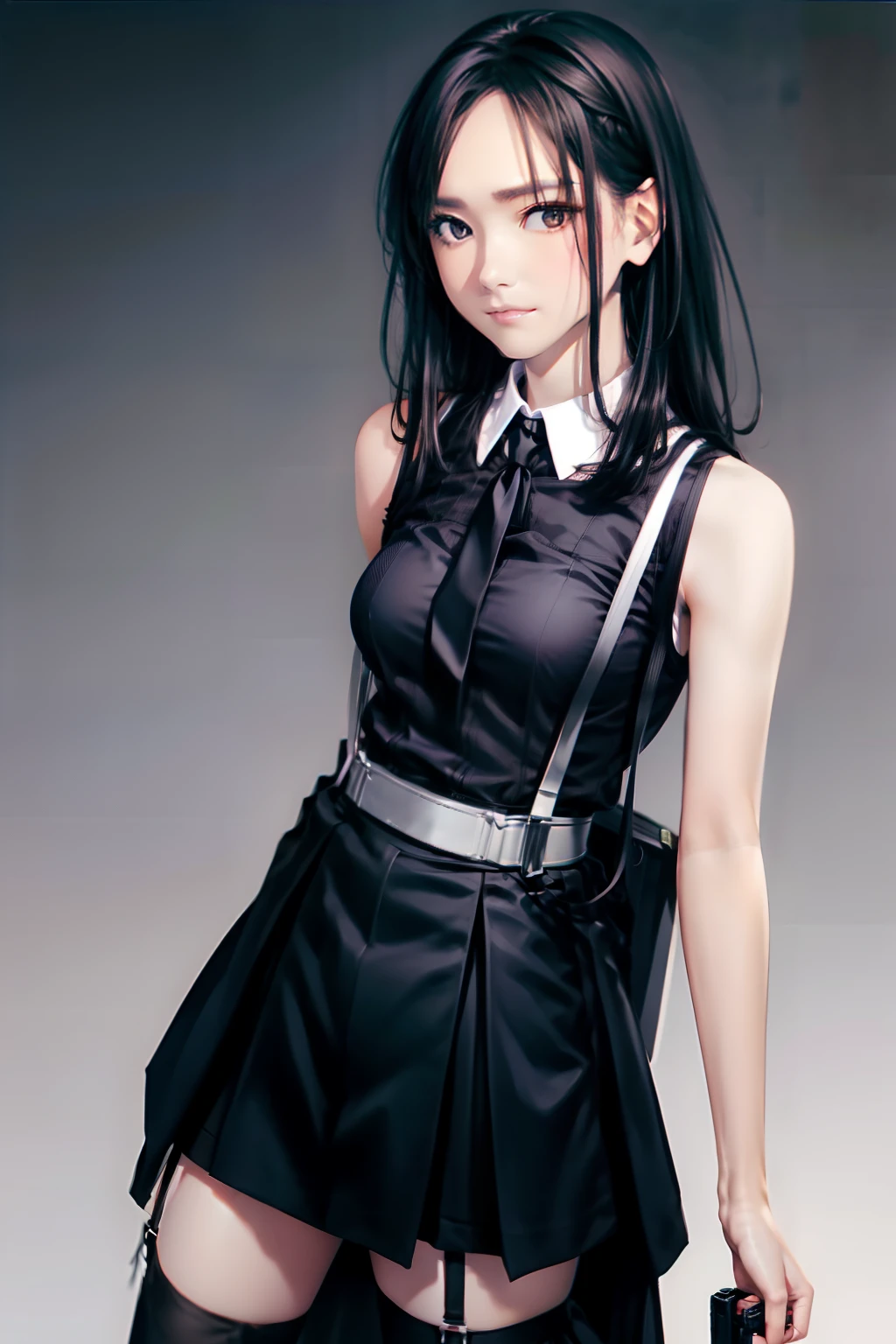 a black skirt, neck tie, Tank tops suspenders, Long Black Hair, Gray eyes, holster, Garter belt on the legs, , Moderately breasts, Pichi Pichi clothes, both sides deadpan Behind