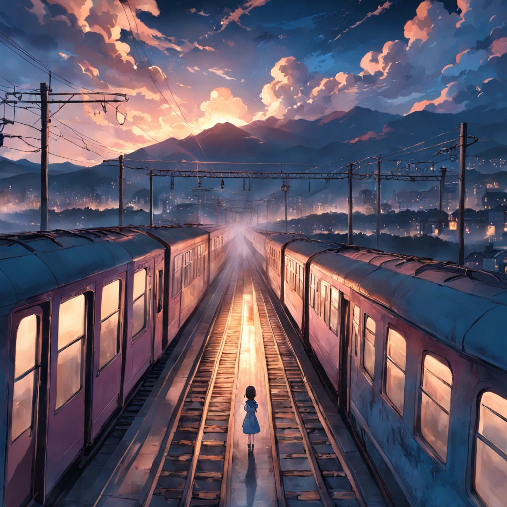 tmasterpiece，best qualtiy，cinematic Film still from，The girl watched the train drive away，​​clouds，Floating in the sky，Faraway view，brightly，cheerfulness，Warm and soft lighting，the sunset，（spark of light：0.7）