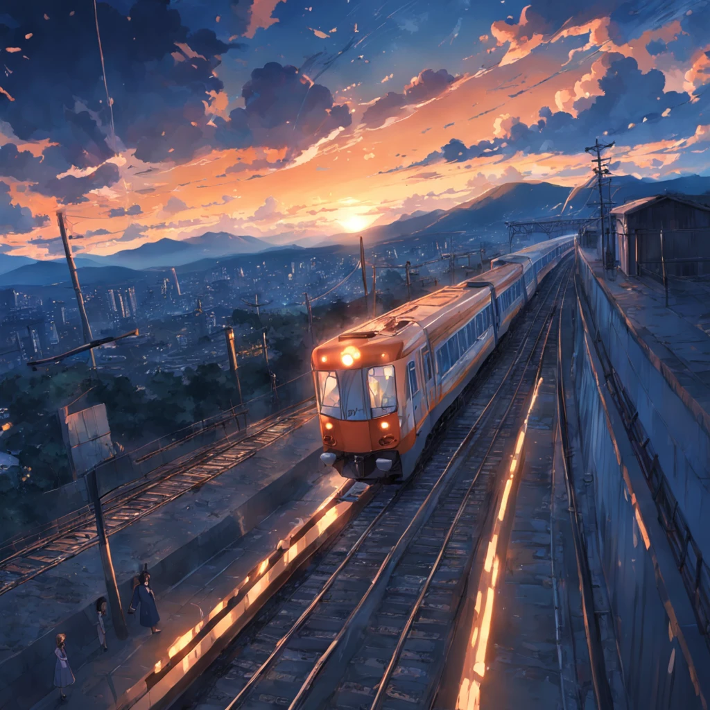 tmasterpiece，best qualtiy，cinematic Film still from，The girl watched the train drive away，​​clouds，Floating in the sky，Faraway view，brightly，cheerfulness，Warm and soft lighting，the sunset，（spark of light：0.7）