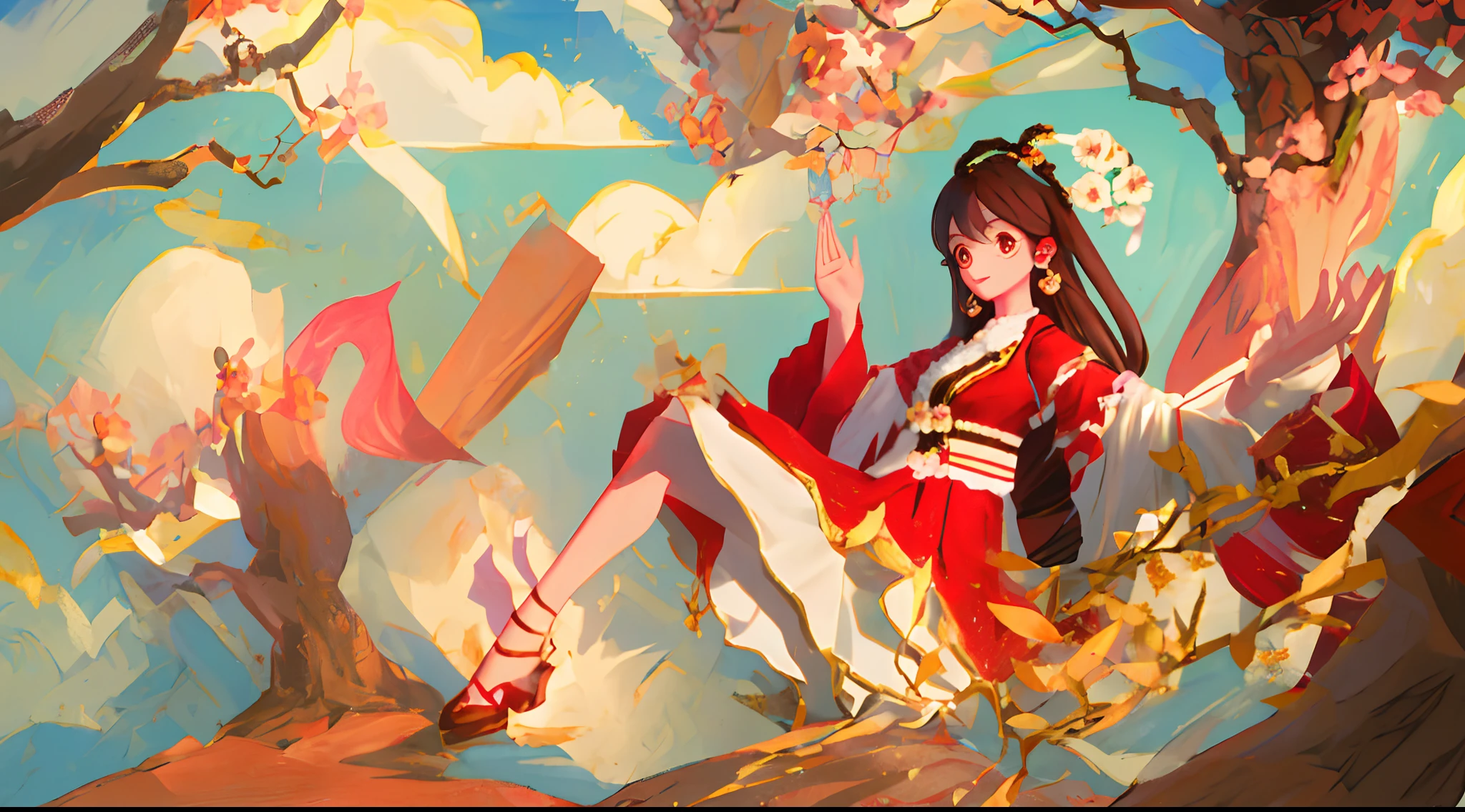 Master picture quality，High quality human body，exquisite facial features，Arcane style，1girl，Brown hair long，red pupils，Sugar gourd in hand，At his feet squatted a rabbit，Peach blossom tree
