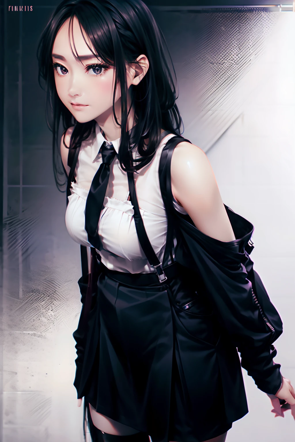 a black skirt, neck tie, Tank tops suspenders, Long Black Hair, Gray eyes, holster, Garter belt on the legs, , Moderately breasts, Pichi Pichi clothes, both sides deadpan Behind