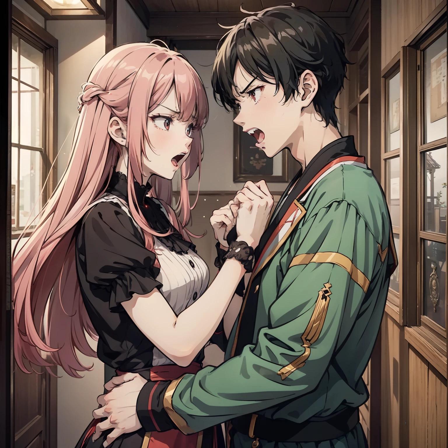 In a village room, a young couple stands side by side in the room talking angrily, (young couple 1.5) (open mouth yelling 1.5) (angry expression 1.5) (background is in the village room) anime style 4 K, anime rendering, anime style. 8K, upper body display 1.5) (cinematic lighting 1.5)