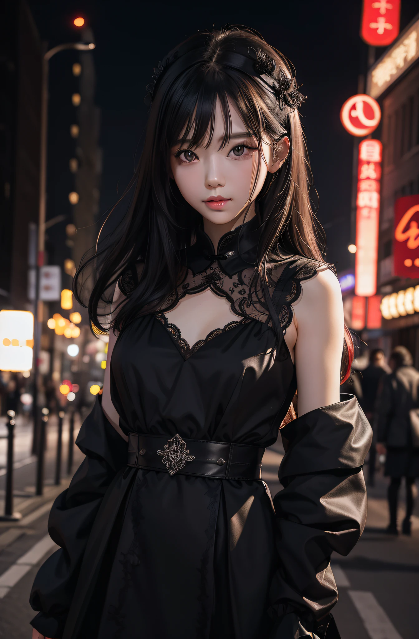 best qualtiy，tmasterpiece，超高分辨率，（真实感：1.4），RAW photogr，1girll，in the darkness nigth，deep shading，low tune，cold light，Square face with charming eyes，Dressed in black lace