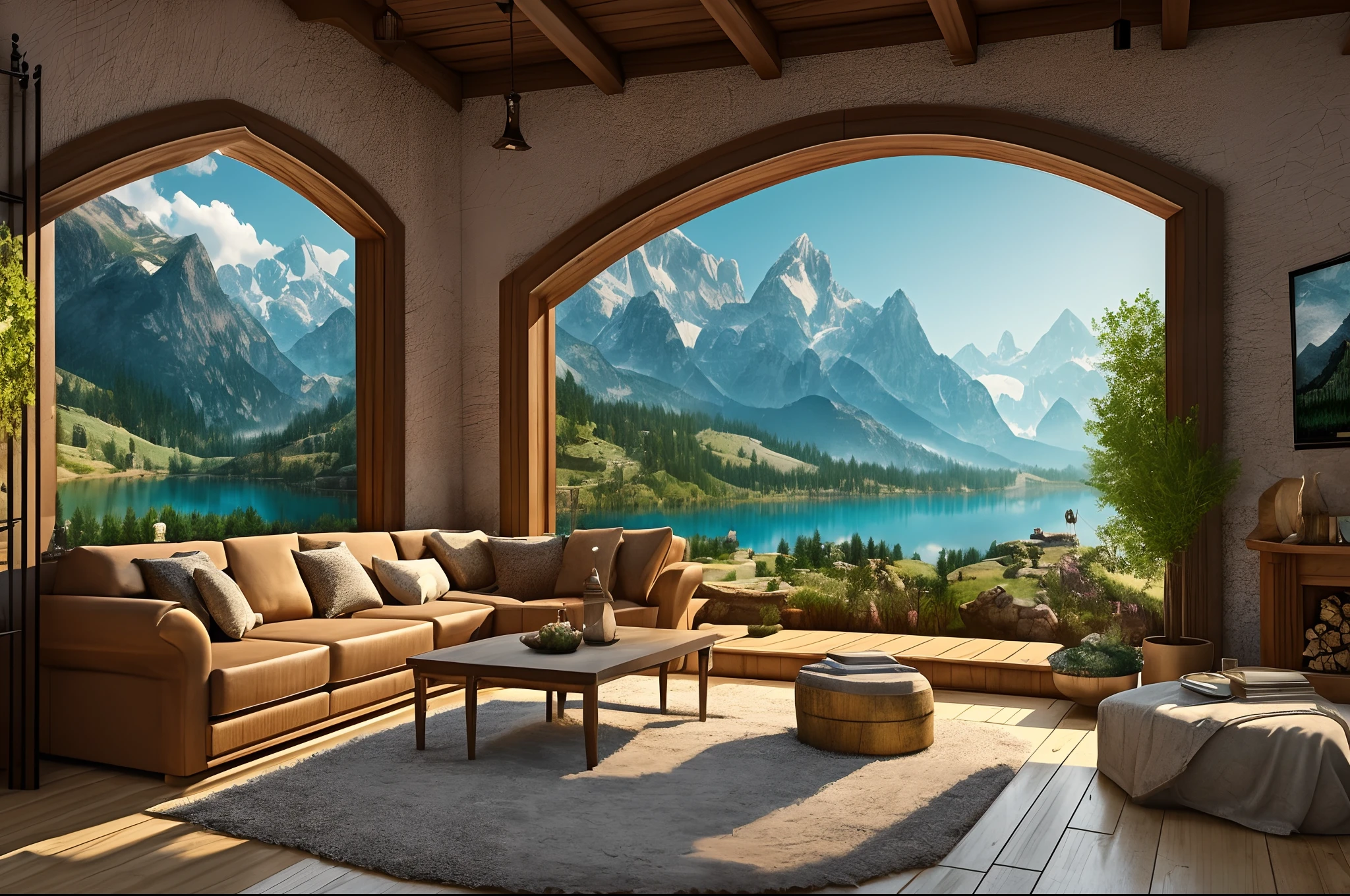 Living room with mountain views, Overlooking the lake, in the style of fantasy art, uhd image, Medieval times, Living interiors, Urban fairy tale, Tavern Live Scenes, dark white and amber