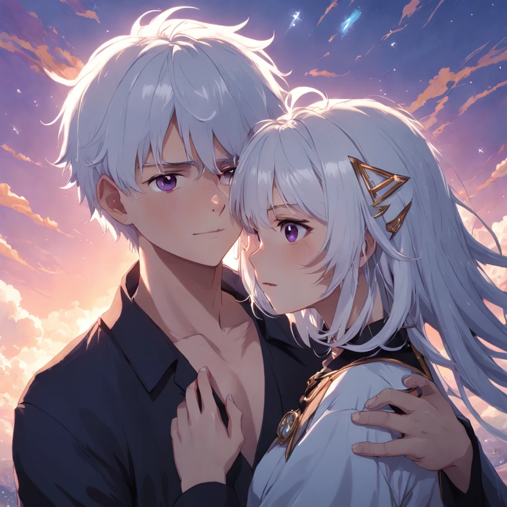 masterpiece, best quality, movie still, 1white hair boy and 1 white hair girl, cloud boy, floating in the sky, close-up, bright, happy, warm soft lighting, sunset, (sparks:0.7),He has pale skin and short, white hair with an undercut on the lower third of the back of his head, but his bangs hang down his face to partially cover his missing eye and white medical eye patch. It is implied that his hair has been dyed white due to the presence of black growth on his lower section. he is noted by others to be as handsome as a model. Regardless of his outfit, he wears a tag on a chain suggesting personal devotion. he wears a white medical eye patch over He s right eye. he has two thin, purple rings on his index finger and ring finger, respectively. Both ears are perforated and two on a short chain. he wears earrings that look like small rings from which an isosceles triangle dangles.