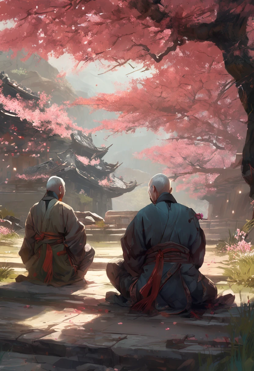 Two wise old monks sitting on the ground next to the cherry blossom., Ross Tran e Michael Whelan, Edgar Maxence e Ross Tran, wlop e ross tran, Ross Tran e Bayard Wu, James Gurney e Andreas Rocha, rob rey and kentarõ miura, Art not Guweiz style, arte do jogo de RPG