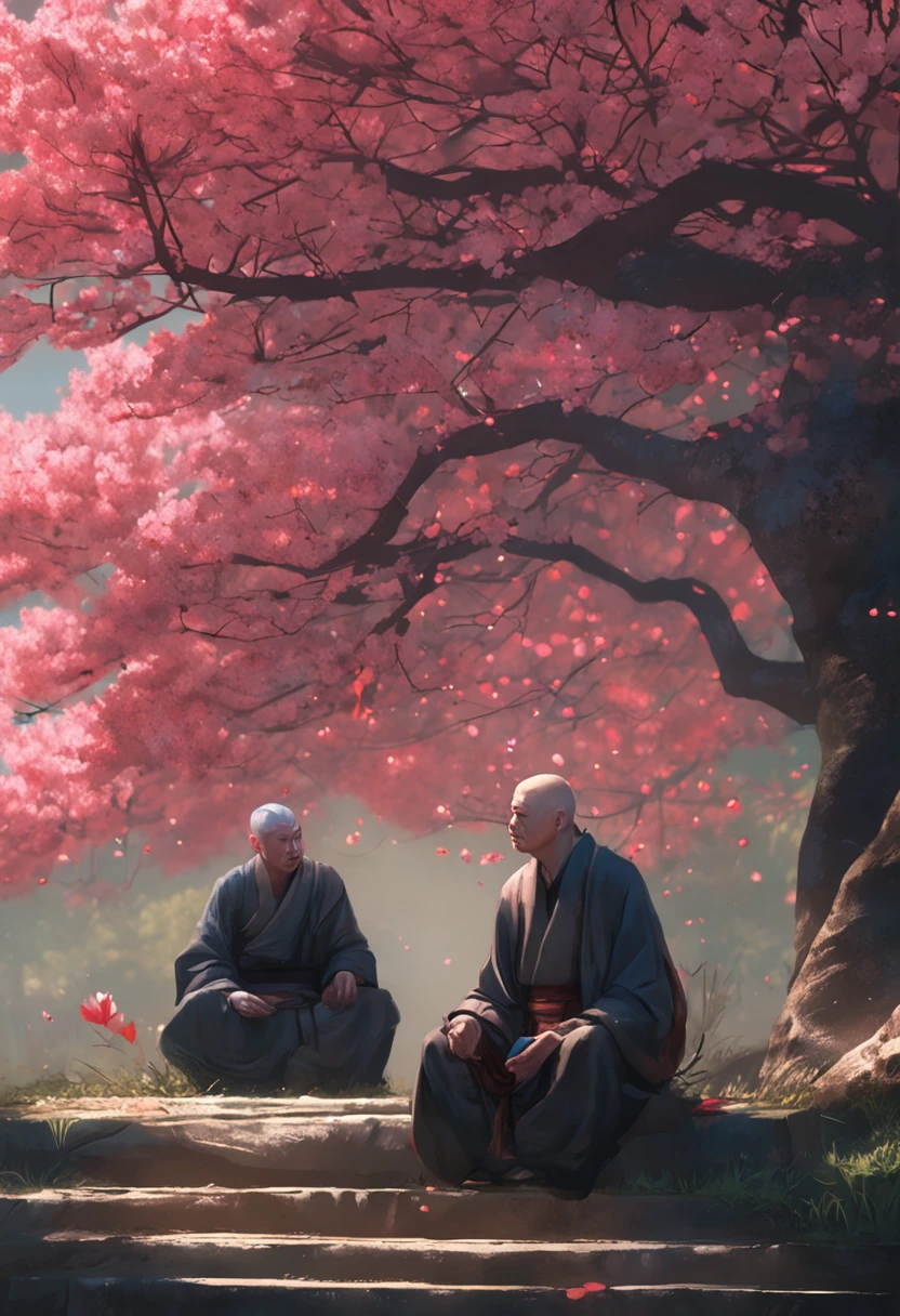 Two wise old monks sitting on the ground next to the cherry blossom., Ross Tran e Michael Whelan, Edgar Maxence e Ross Tran, wlop e ross tran, Ross Tran e Bayard Wu, James Gurney e Andreas Rocha, rob rey and kentarõ miura, Art not Guweiz style, arte do jogo de RPG