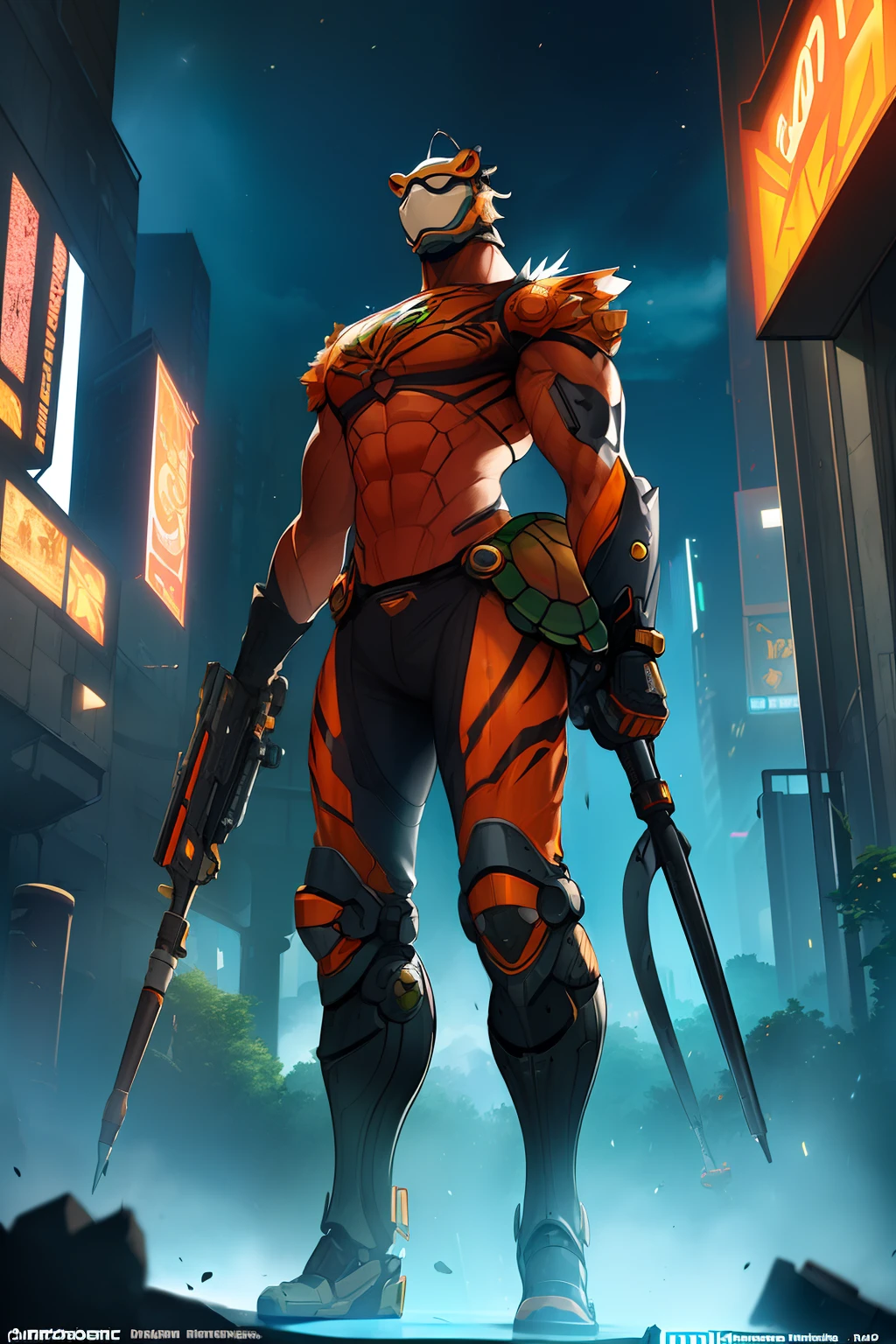 (anthropomorphic turtle:1.5),(Full body shot), Cyberpunk, In the middle, 1 Orange Tiger mech(Mechanical orange（a tiger's head：1.3）, Blue glowing goggles, Gas masks, Muscular limbs, Muscular body), standing on two legs, Mechanical Wonder, Damaged machine elements,No Man, Moonlight, dreamy glow, Ruined city, ( Global illumination, Ray traching, hdr, unreal render,reasonable design, Masterpiece, Best quality, hyper HD, Cinematic lighting)