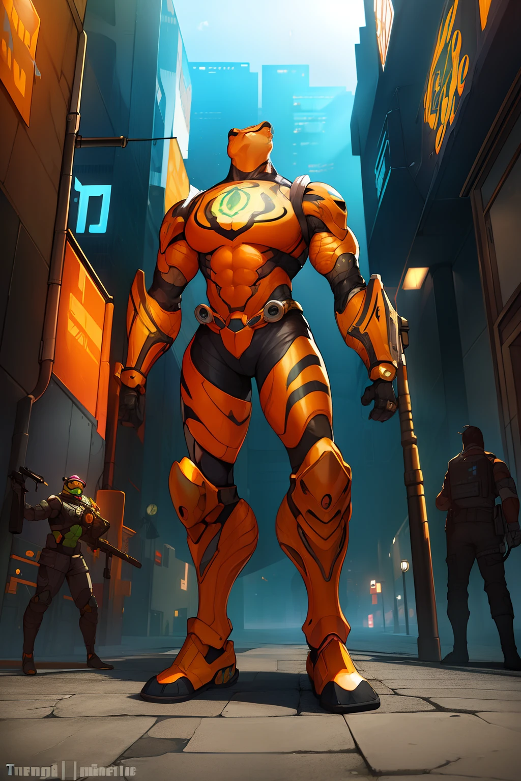 (anthropomorphic turtle:1.5),(Full body shot), Cyberpunk, In the middle, 1 Orange Tiger mech(Mechanical orange(a tiger's head:1.3), Blue glowing goggles, Gas masks, Muscular limbs, Muscular body), standing on two legs, Mechanical Wonder, Damaged machine elements,No Man, Moonlight, dreamy glow, Ruined city, ( Global illumination, Ray traching, hdr, unreal render,reasonable design, Masterpiece, Best quality, hyper HD, Cinematic lighting)