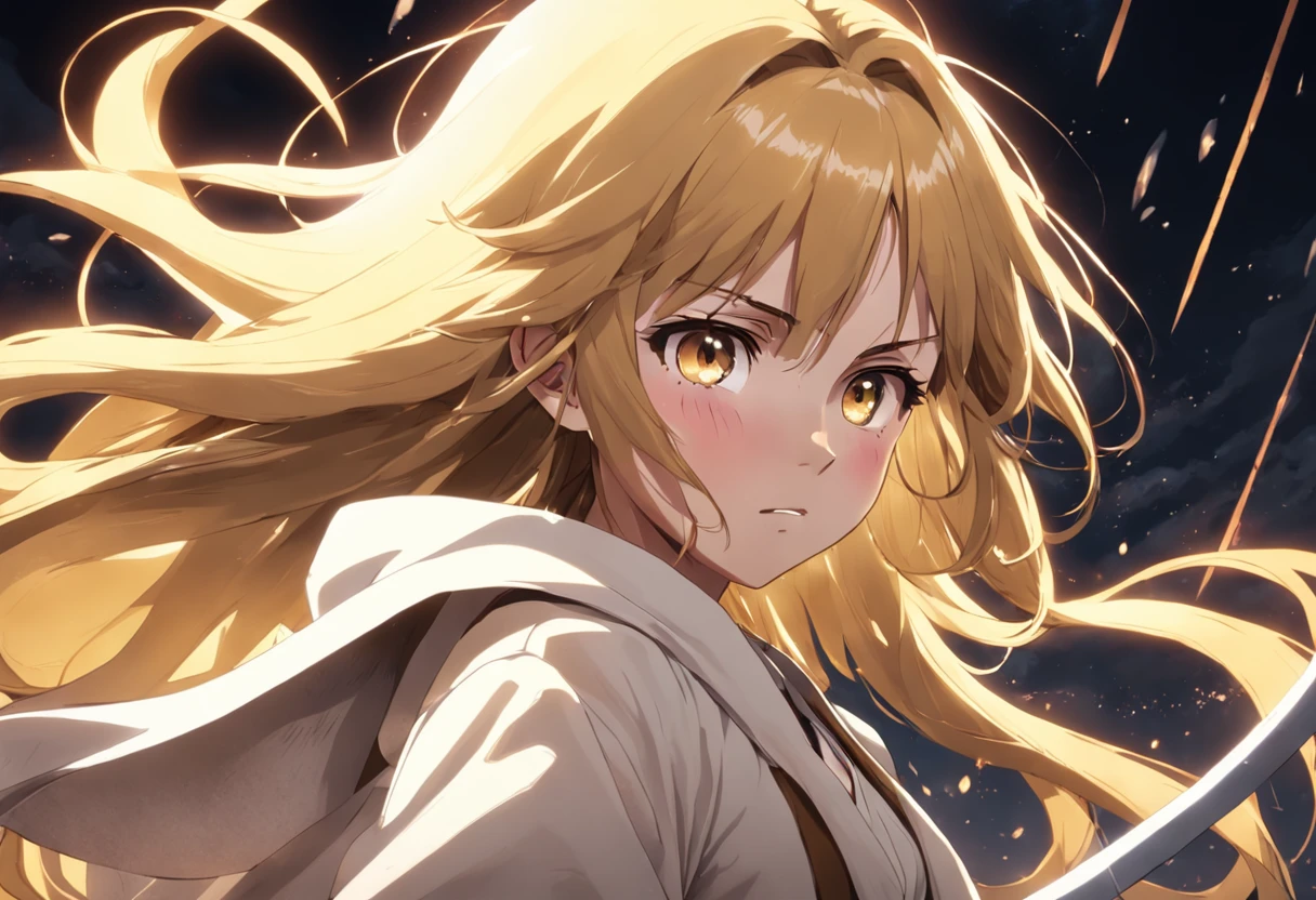 golden hair girl sad face Then she was a jedi master.
White shirt, brown coat, and she uses power. and she is fighting the darkness