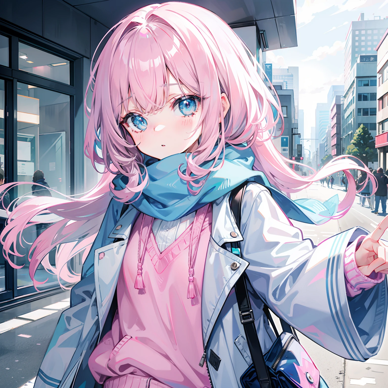 Gray-pink bangs，Blue-green pupils，Wear a silver-white jacket and pink sweater，Wearing a blue scarf，It's a cute girl