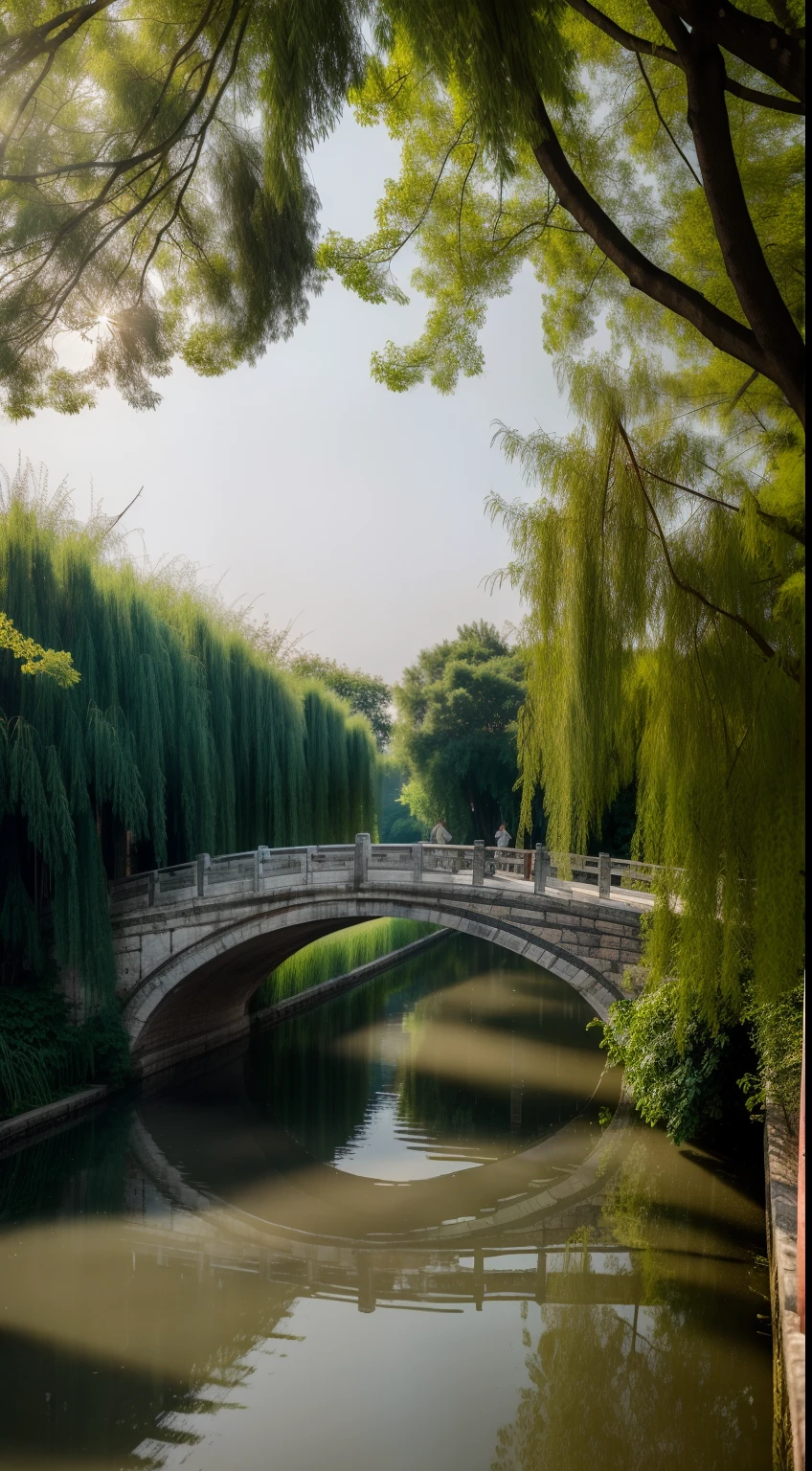 tmasterpiece,super detailing,best qualtiy,Perfectcomposition,A high resolution,Natural soft light,Photographic realism style,SLR shooting effect,8K,Jiangnan Water Town,Arch bridge weeping willows,Large trees in shady,Summer breeze and sunshine