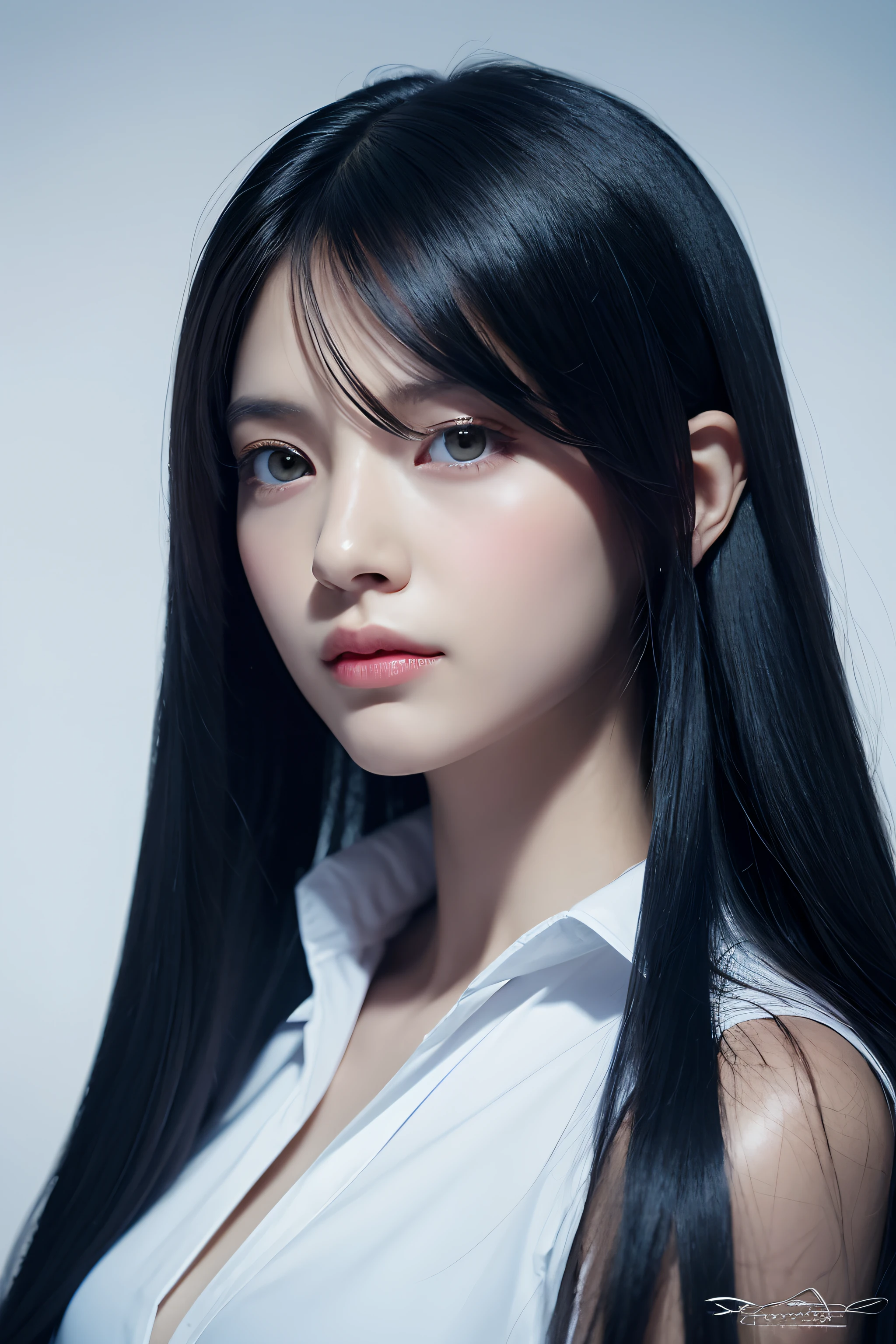(Delicate female assassin with calm eyes and long blue hair)