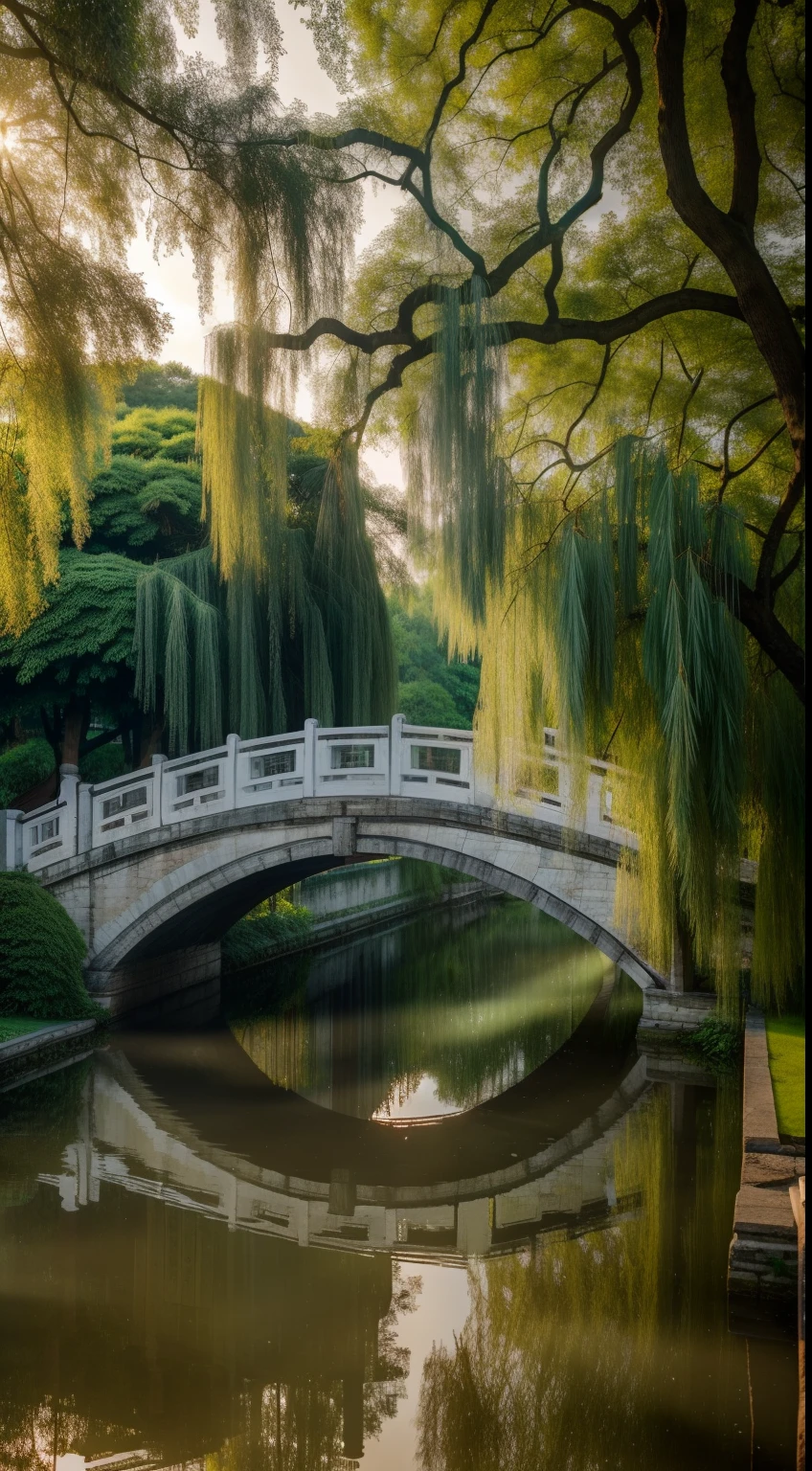 tmasterpiece,super detailing,best qualtiy,Perfectcomposition,A high resolution,Natural soft light,Photographic realism style,SLR shooting effect,8K,Jiangnan Water Town,Arch bridge weeping willows,Large trees in shady,Summer breeze and sunshine