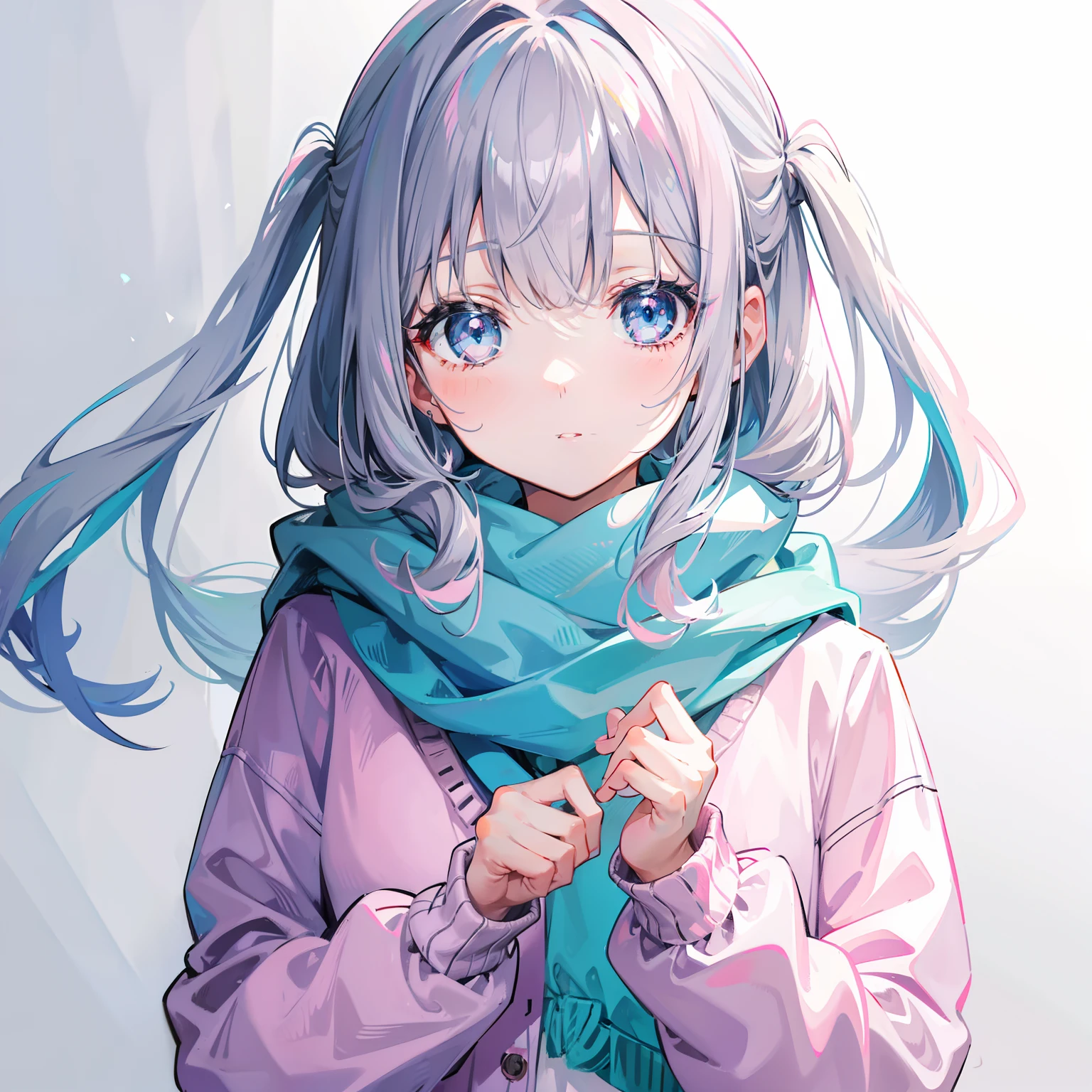 Gray-pink bangs，Blue-green pupils，Wear a silver-white jacket and pink sweater，Wearing a blue scarf，It's a cute girl