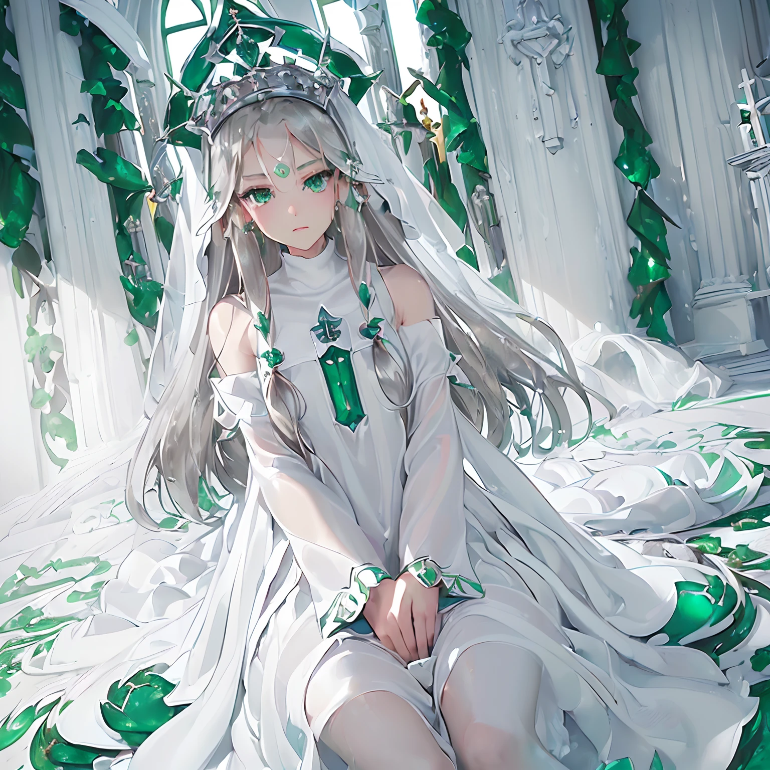 ​masterpiece、top-quality、High-quality images、hight resolution、8K、1little girl、独奏、realisitic、portlate、the detail、Detailed depiction of the eyes、Speciality、Since a while ago、announcer((Long silver hair、Emerald green eyes、Neat face、skin gloss、Lustrous hair、Pure White Silk Dress、accessorized、Slimed、Balanced proportions、royal princess、Interior of the Holy Church、Look straight here:1.5))、、、This is Ana's true face、So much so that it gets so insistently entangled、Have you experienced sorrow?、sada、Unleash Your True Self
