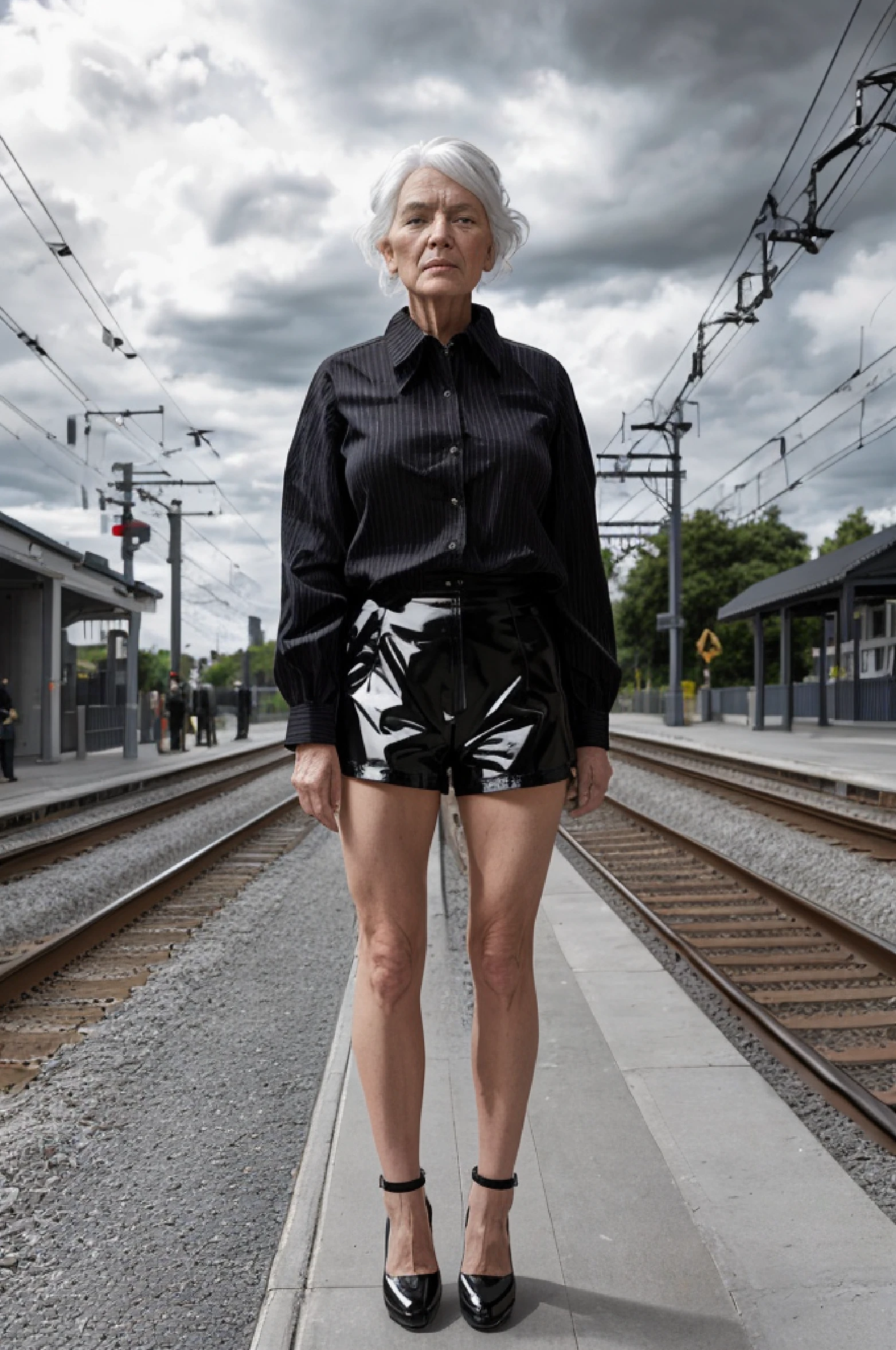 there is a woman standing on a train platform with her legs crossed, 70 years old, 7 0 years old, hyperrealism”, by Dietmar Damerau, clothed non - portrait, cinematic outfit photo, tight wrinkled cloath, inspired by August Sander, ultra realist, inspired by Peter Lindbergh, wearing black pvc shorts