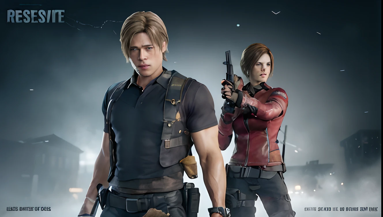 Close up portrait of two people holding guns in a dark room, key art, Brad Pitt Leon S. Kennedy, Background of Resident Evil Games, Promotional Art, promotional render, medium shot of two characters, Game CG, cg art, art promotional, Game Key Art, High-definition character models, hq artwork, Resident evil, Resident Evil Inspired, very detailed character