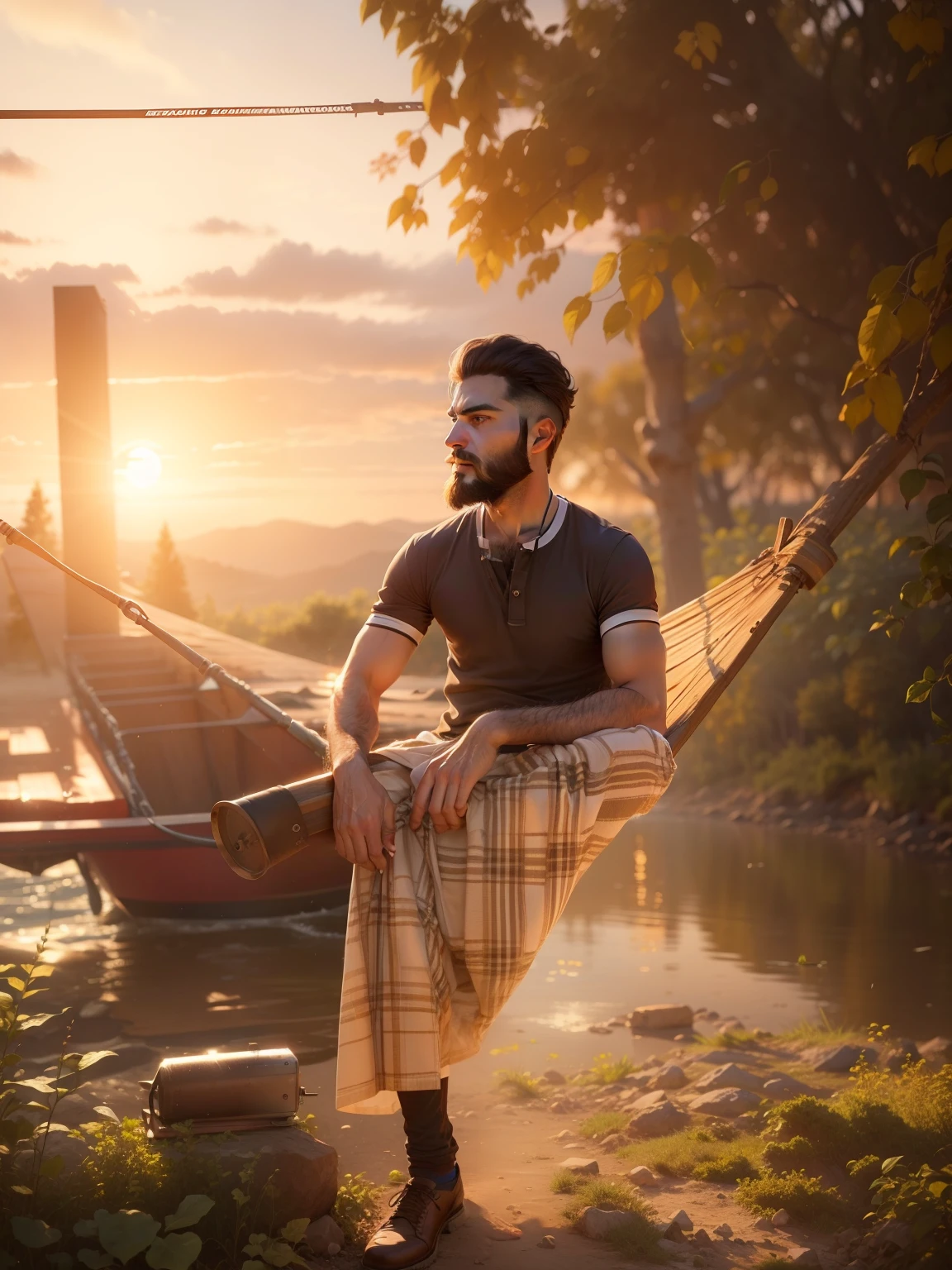 Change beckground to sunrise and realistic face and beard look