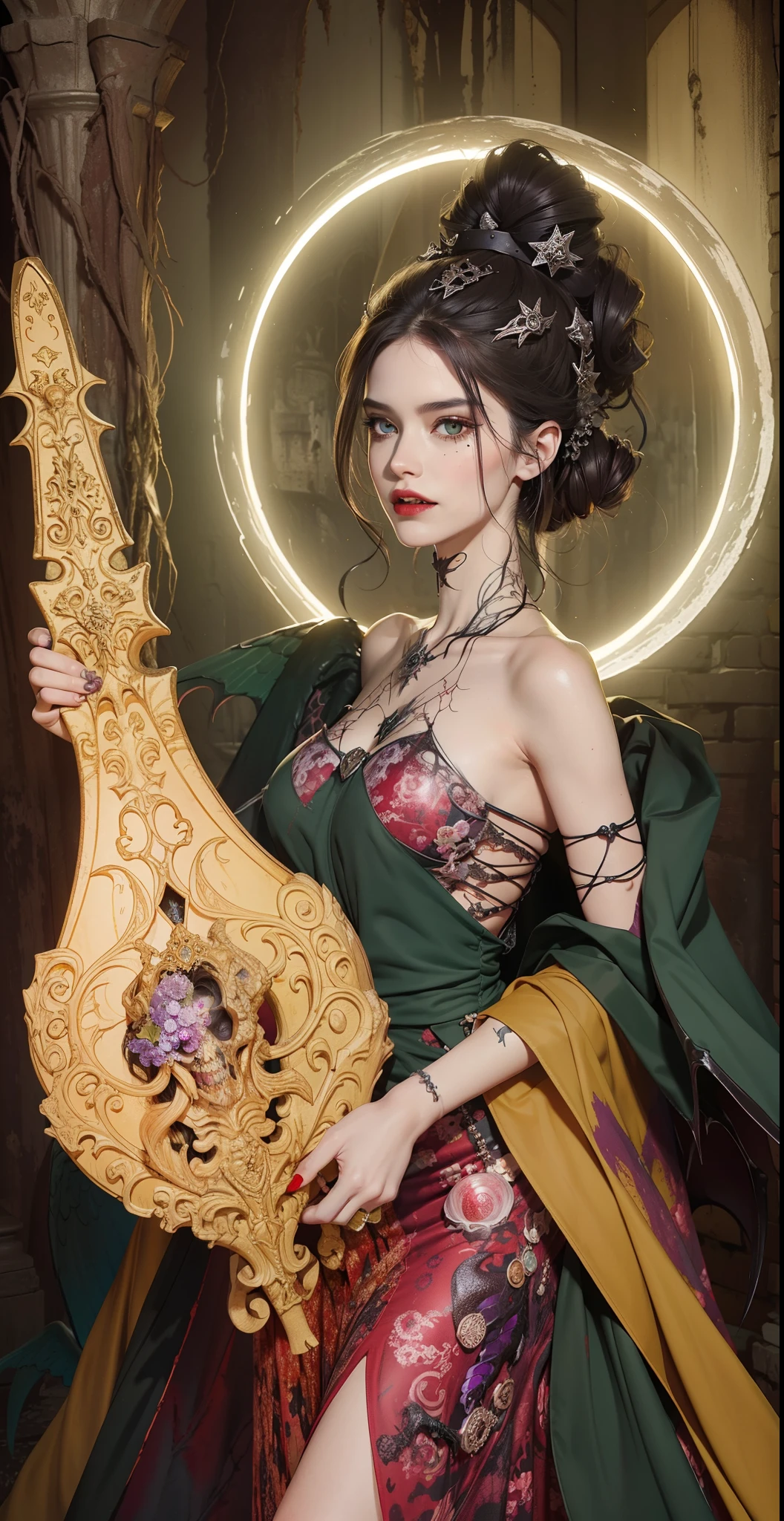 Fine matte paint，Skeleton Dark Angel, Haunted castle with large wings, Fill the drawing table with a knife，terroral，uncanny，horrid，secret terror，tentaculata，grape trees，The eye，uncanny valley effect teeth，all  fours，Critters，Blood Moon，Sharp fangs，vampire tooth，Blood