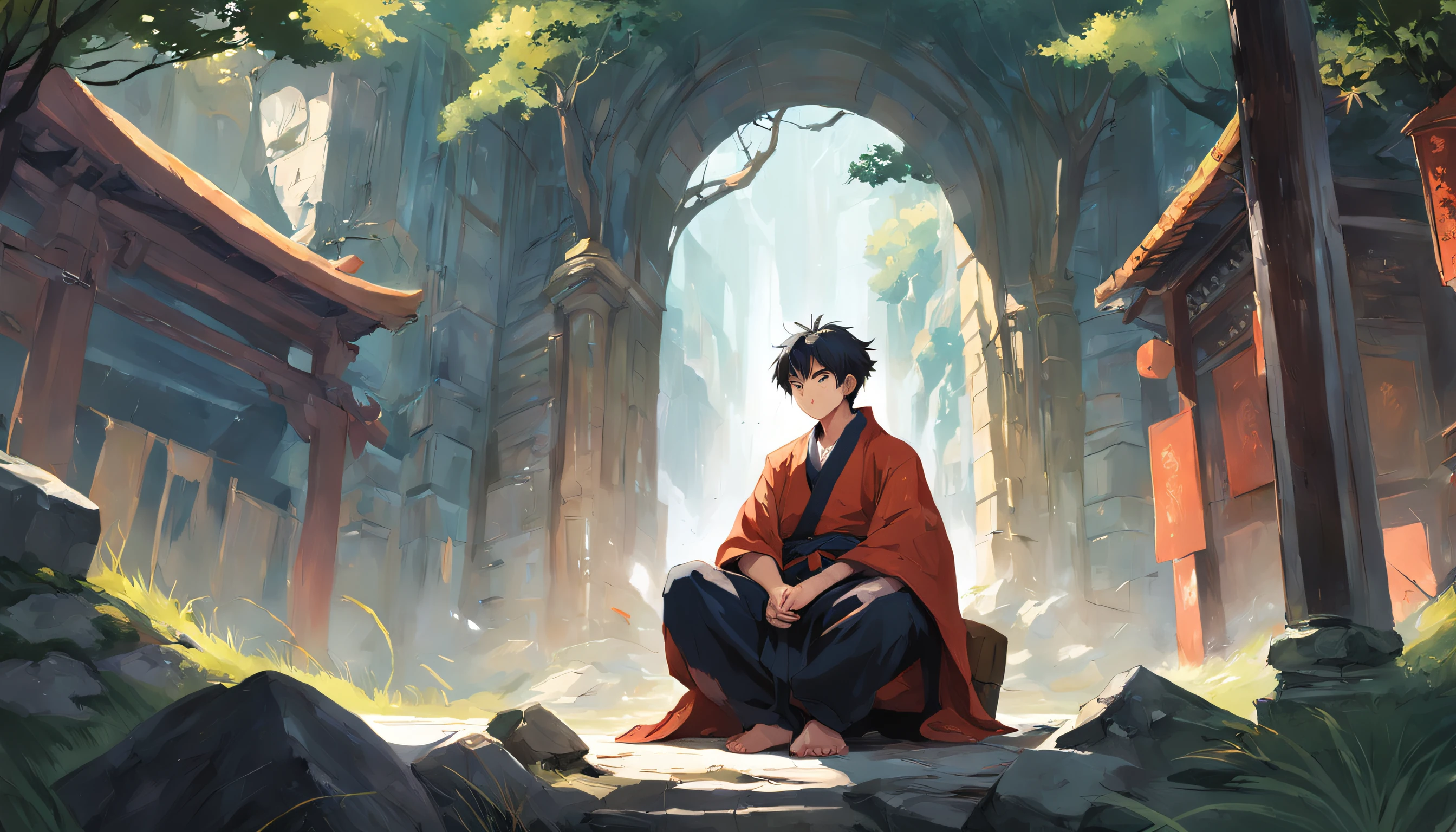 There is a man and a wise old monk sitting on the ground, Ross Tran e Michael Whelan, Edgar Maxence e Ross Tran, wlop e ross tran, Ross Tran e Bayard Wu, James Gurney e Andreas Rocha, rob rey and kentarõ miura, Art not Guweiz style, arte do jogo de RPG