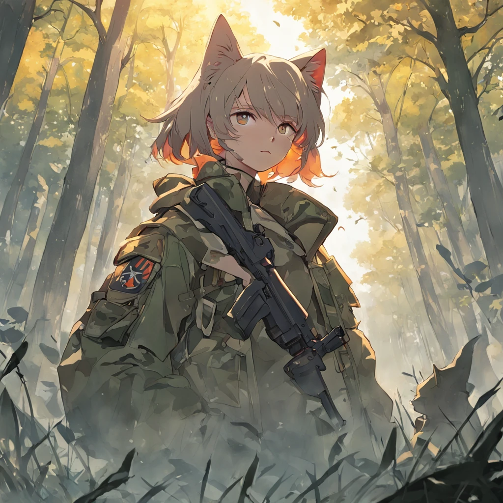 ((cat head, catmen, cat girl,  solo, masterpiece, ukraine soldier, ukrainian flag, best quality, (boots) camouflage)) full body, shirt, weapon, gun, steppe location, photorealistic, takes aim, aiming, profile,